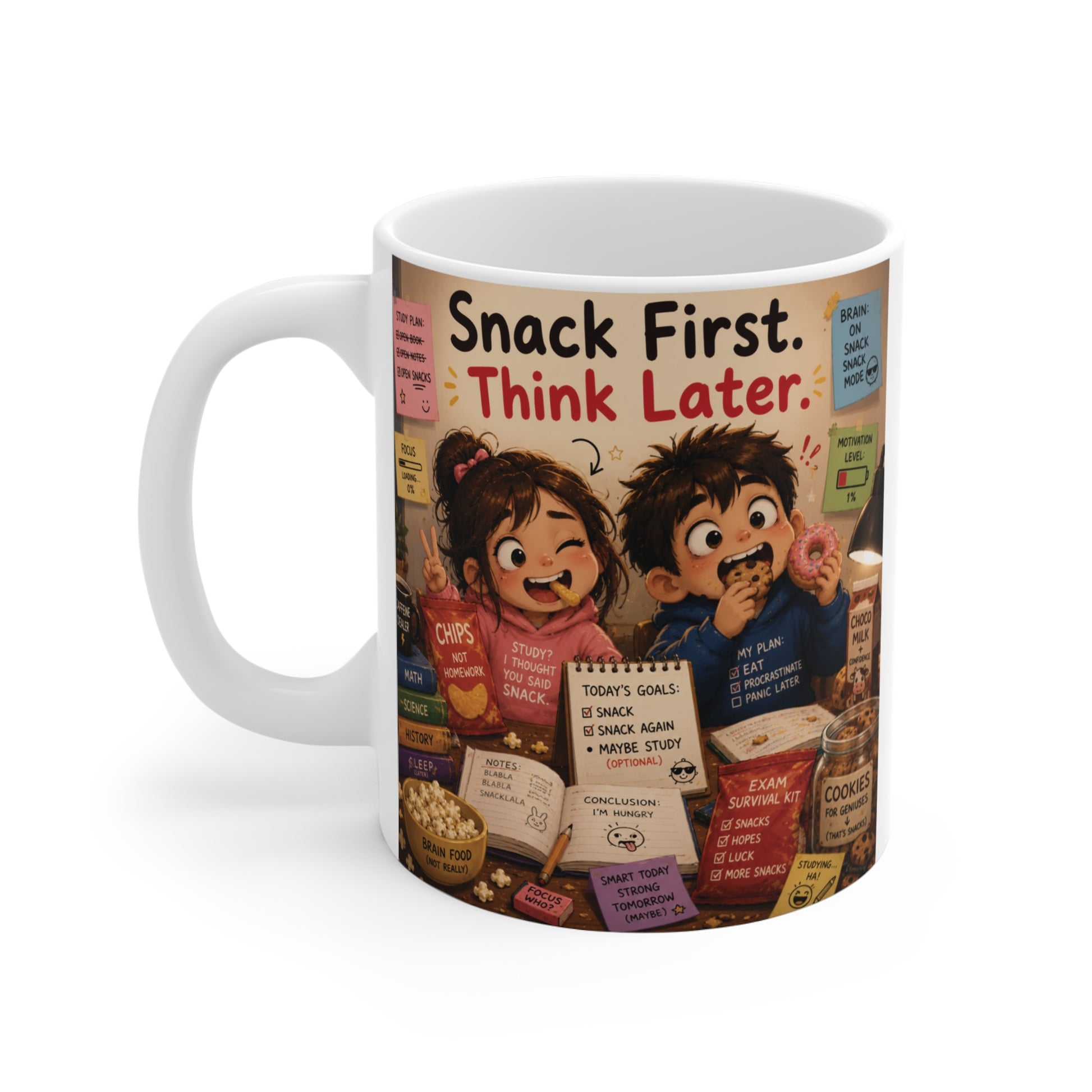 Funny 11oz coffee mug for students featuring chaotic study and snack-themed cartoon artwork