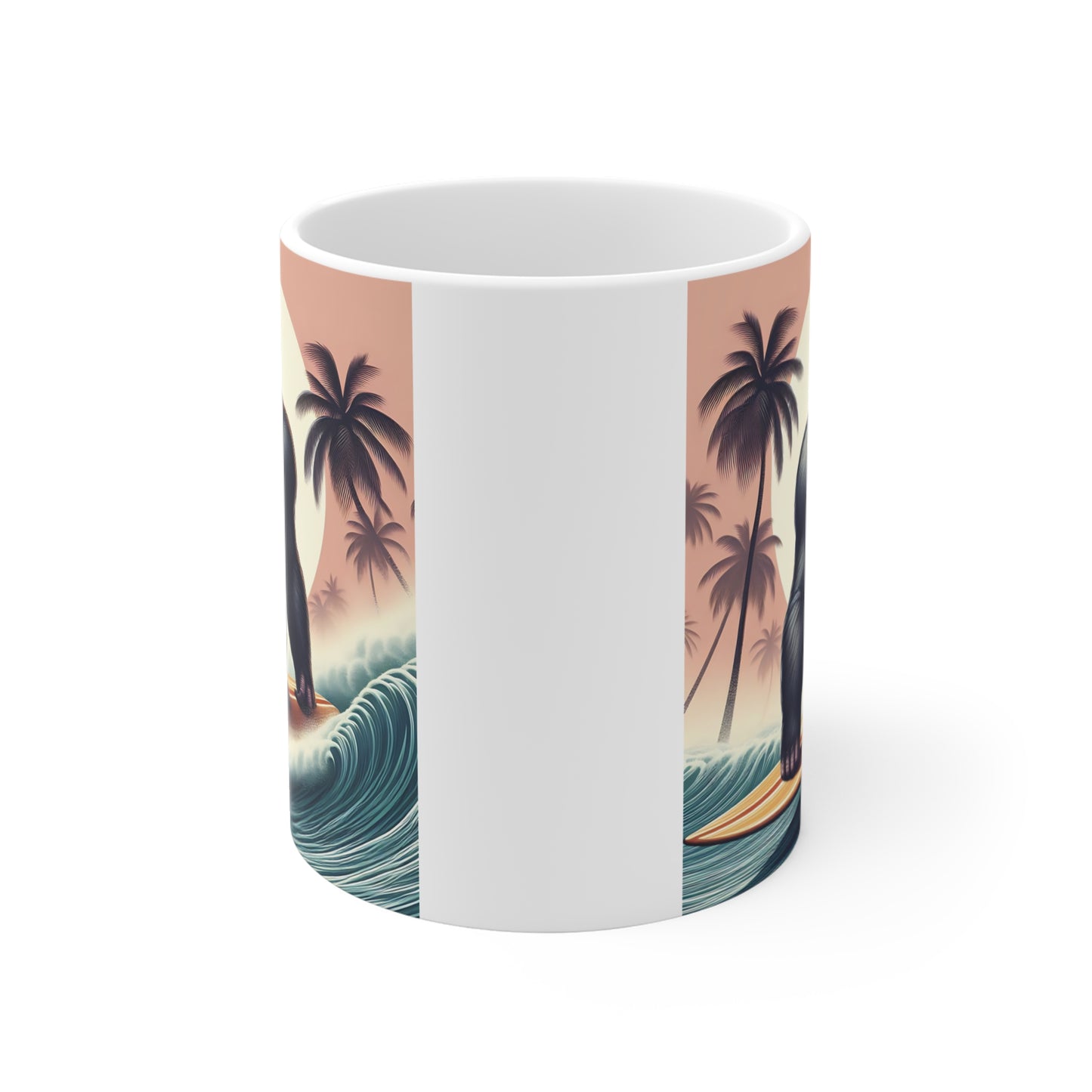 Gorilla surfer ceramic mug with palm trees, ocean waves, sunglasses, and beach vibes for fun tropical coffee gifts.