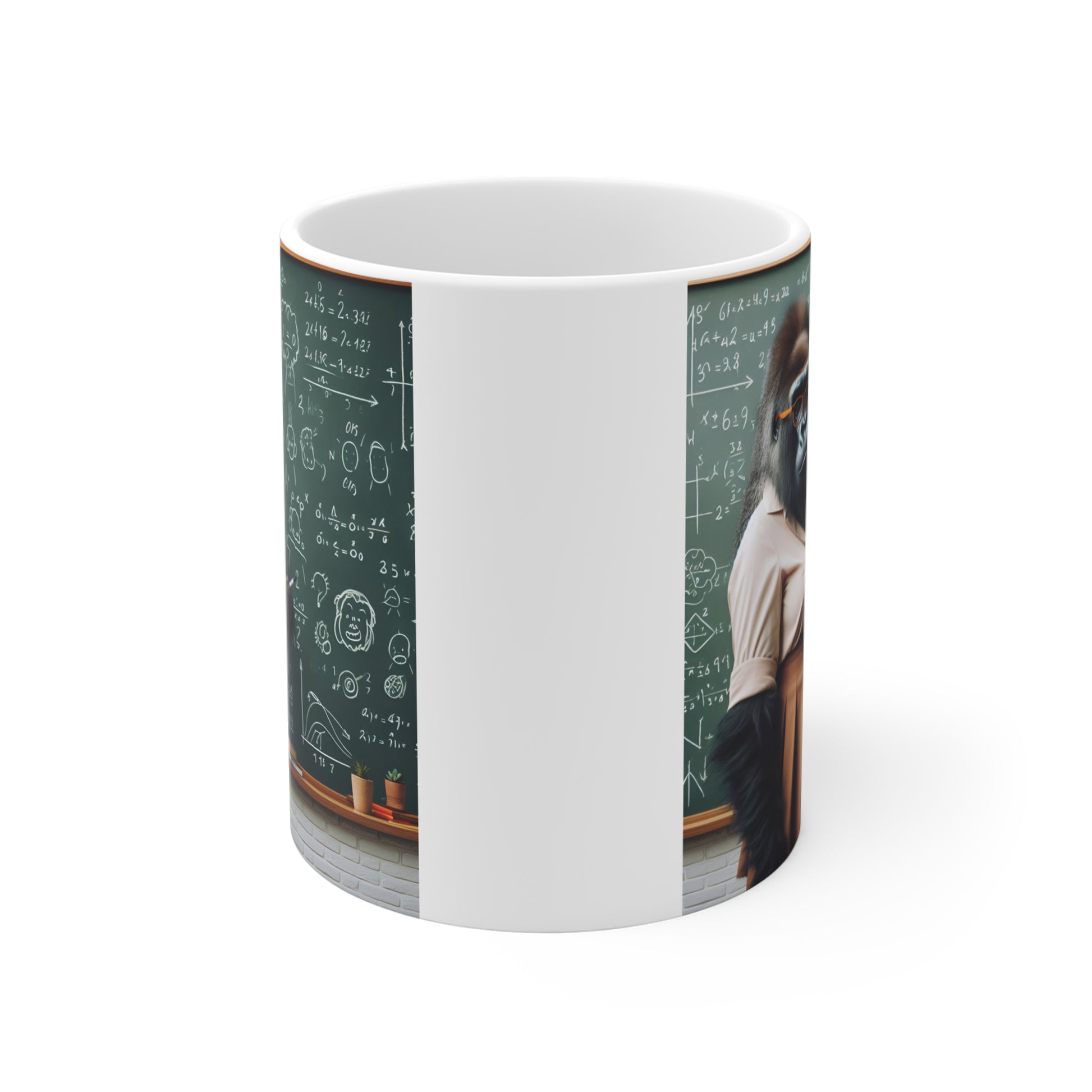 Cute teacher gorilla mug with smart ape illustration, chalkboard math background, and humorous academic theme perfect for teachers and science lovers.