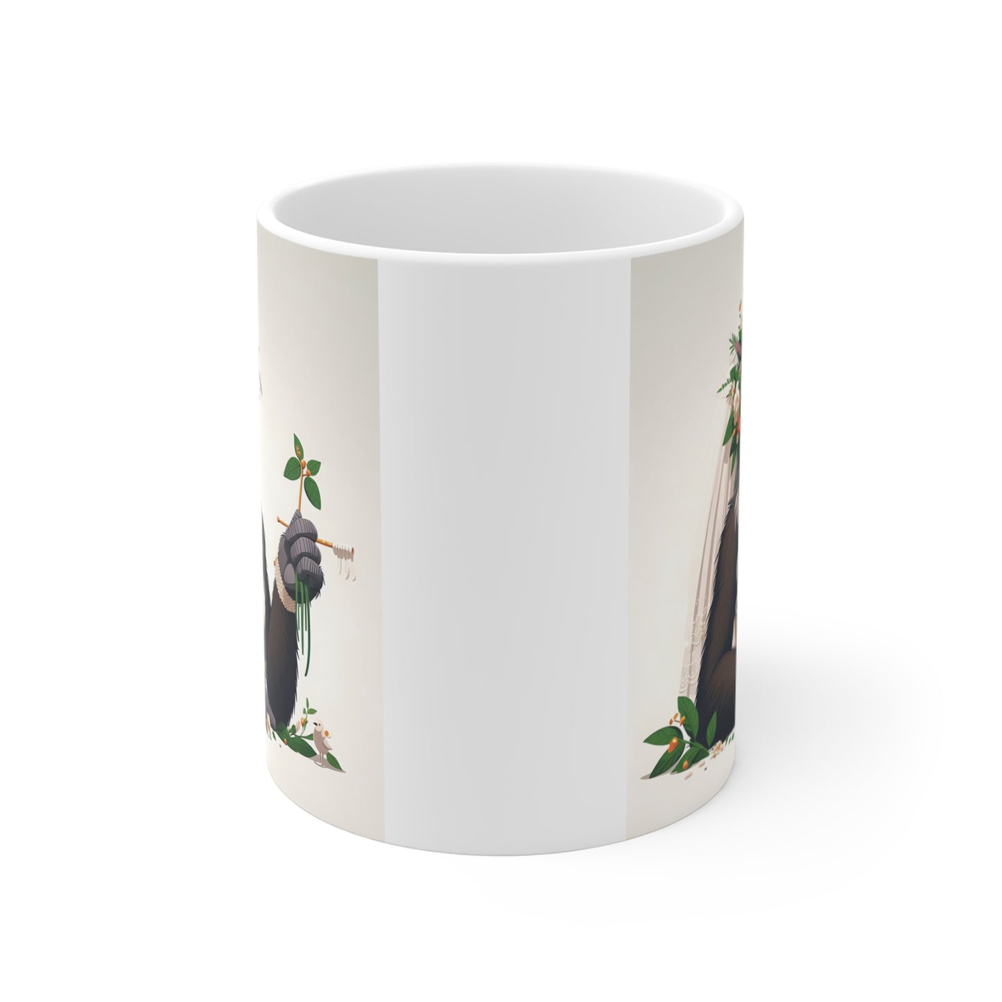 Cute gorilla bride coffee mug with floral headpiece, wedding dress, and bouquet design, perfect funny bridal shower gift.