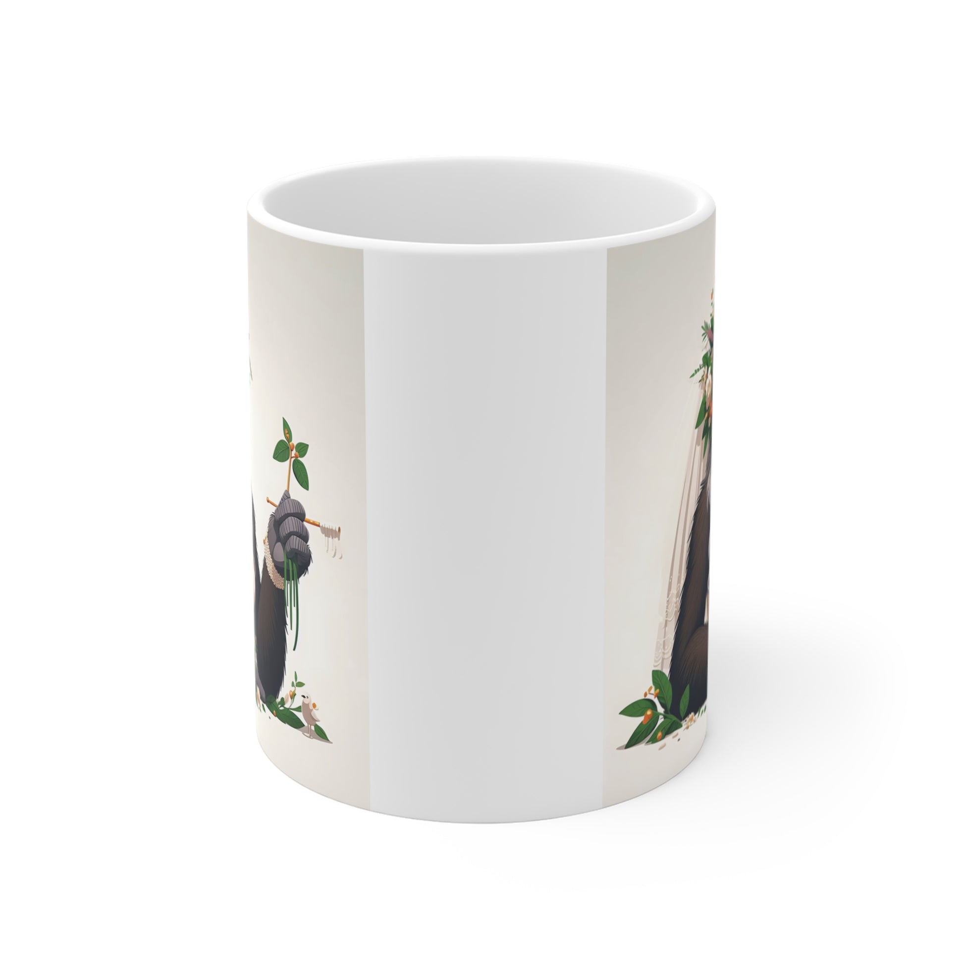 Cute gorilla bride coffee mug with floral headpiece, wedding dress, and bouquet design, perfect funny bridal shower gift.