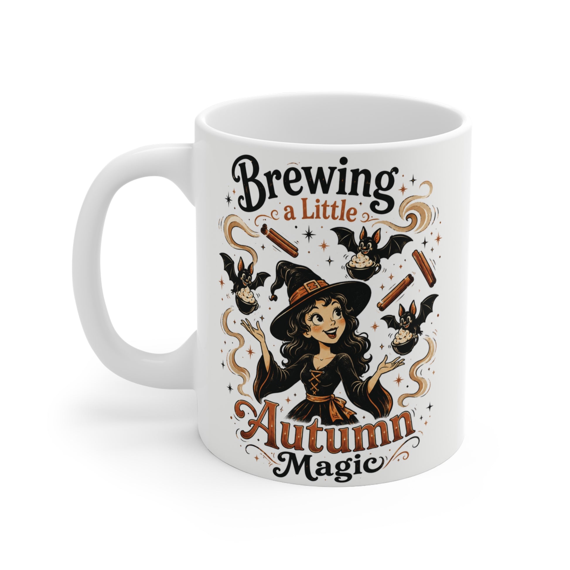 Autumn-themed ceramic coffee mug featuring an adorable witch and "Brewing a Little Autumn Magic" design for pumpkin spice and coffee lovers.