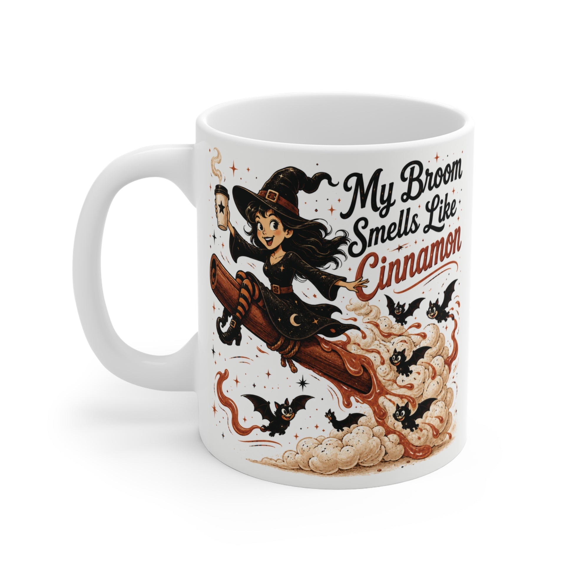 Whimsical witch coffee mug featuring a cute witch flying on a cinnamon stick with the saying "My Broom Smells Like Cinnamon," perfect for Halloween, fall décor, coffee lovers, and cozy autumn gifts.