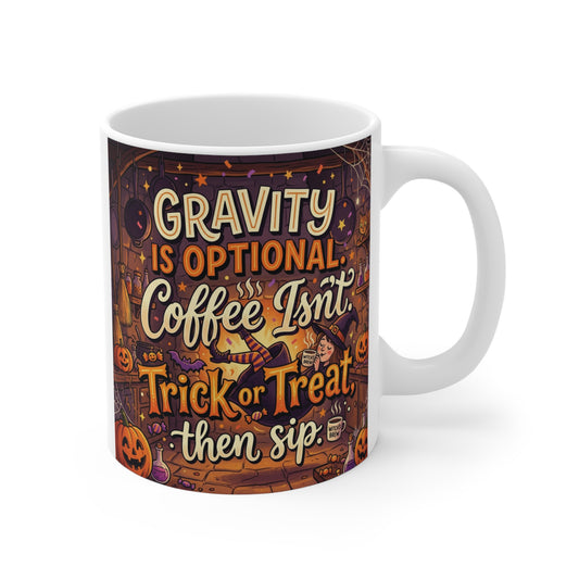 Funny Halloween coffee mug with the quote "Gravity Is Optional. Coffee Isn't. Trick or Treat, Then Sip." surrounded by pumpkins, coffee beans, and cozy autumn artwork.