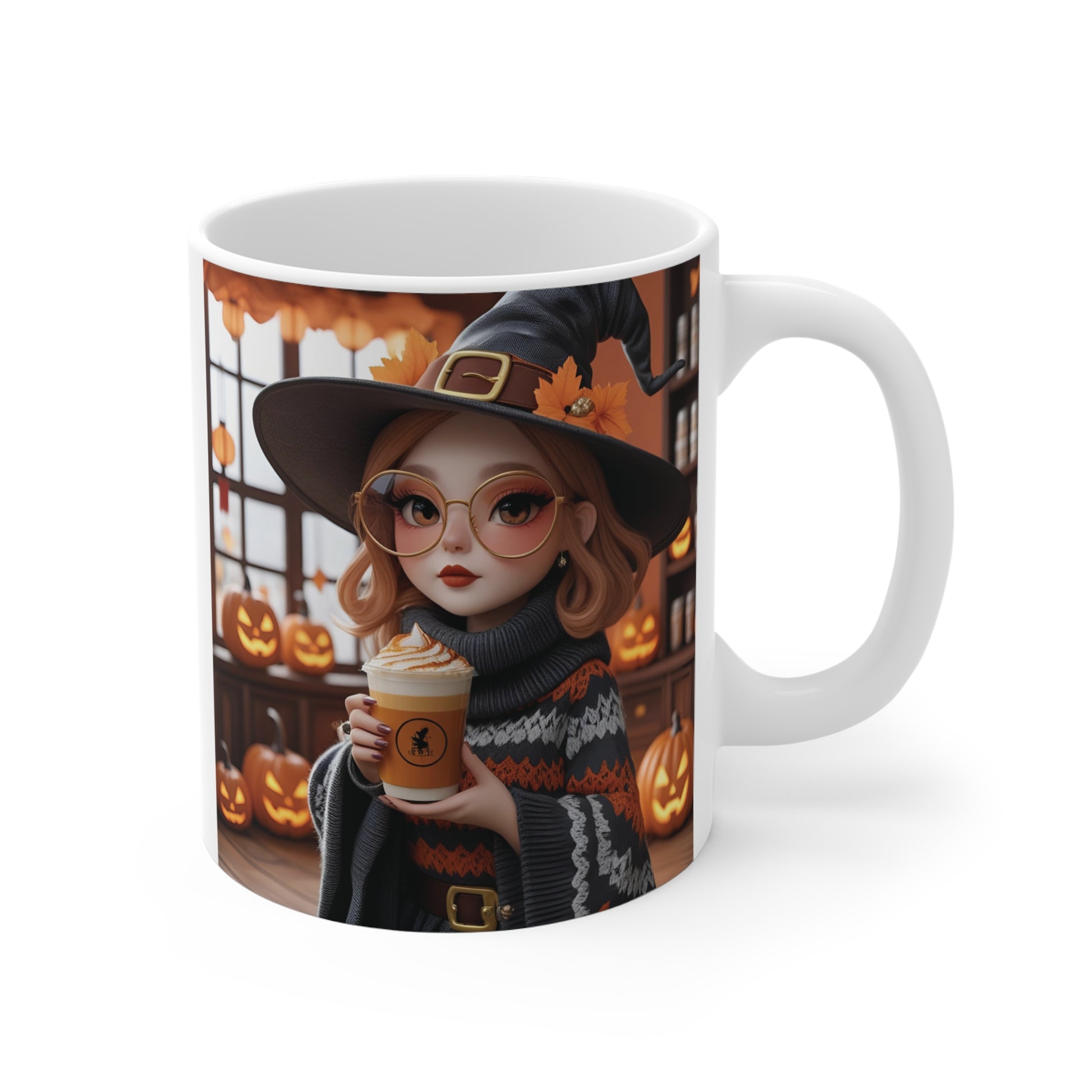 11oz white ceramic coffee mug featuring a cute cartoon witch in glasses and a pointy hat holding a pumpkin spice latte surrounded by jack-o-lanterns.