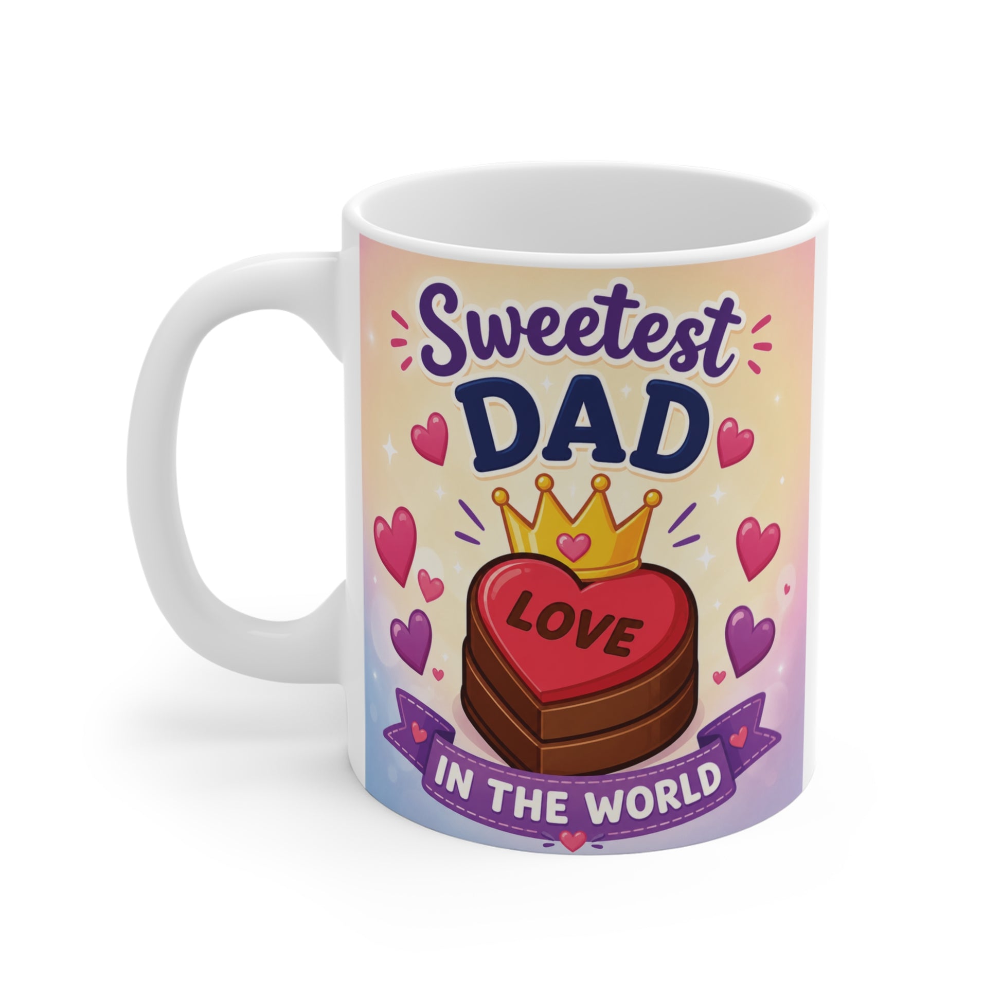 Funny pastel dad coffee cup gift with heart-shaped chocolate artwork and love theme
