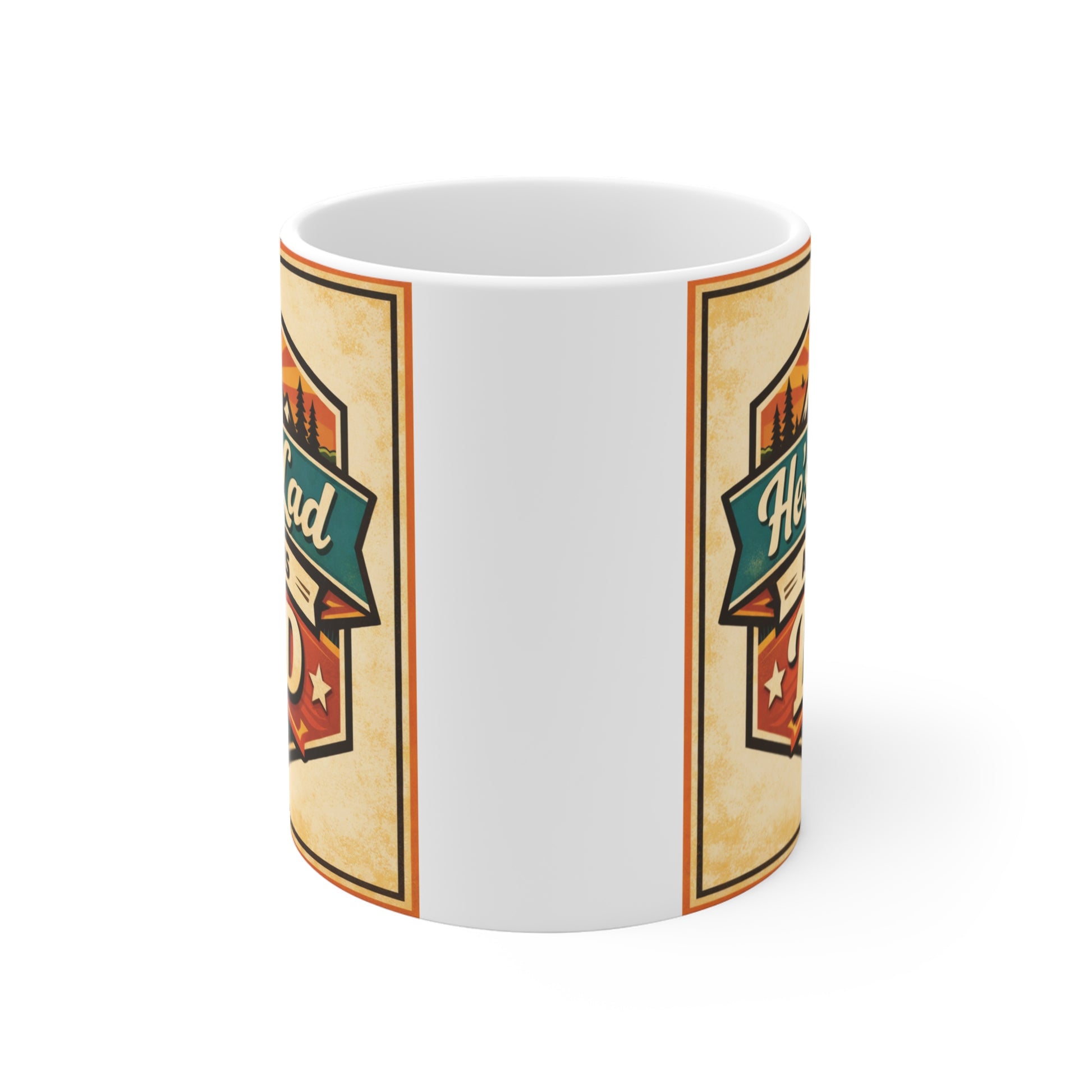 unique father’s day gift mug for dad with retro badge design and ‘He’s My Lad And I’m His Dad’ quote