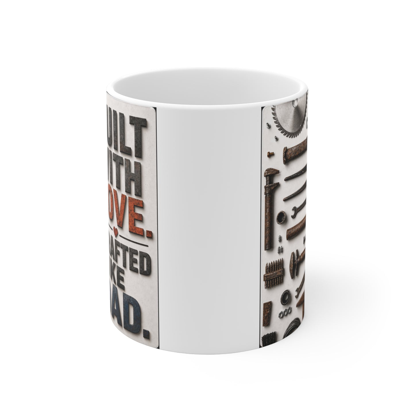 Father’s Day coffee mug for dad featuring tools and quote built with love crafted like dad, unique gift for handyman