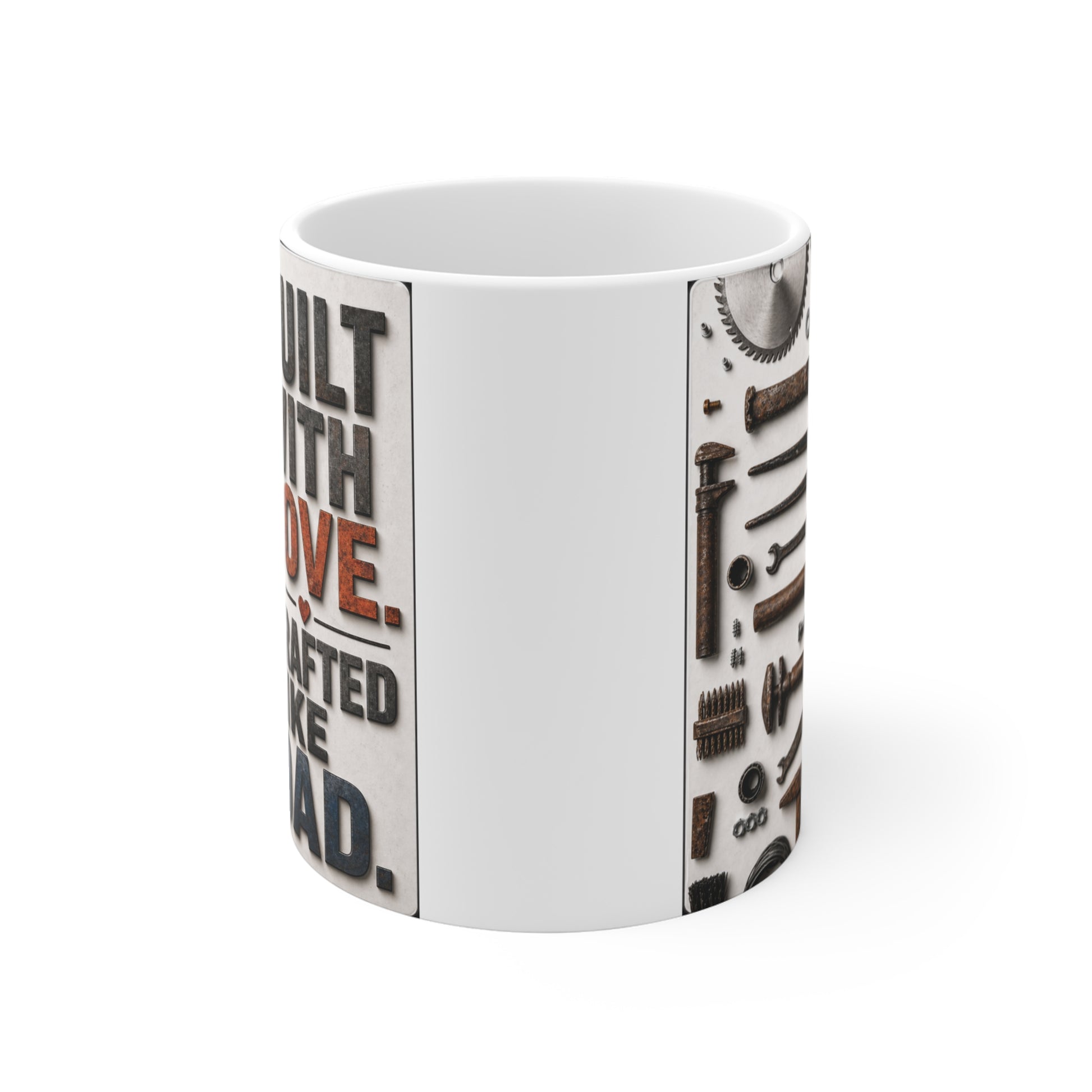 Father’s Day coffee mug for dad featuring tools and quote built with love crafted like dad, unique gift for handyman
