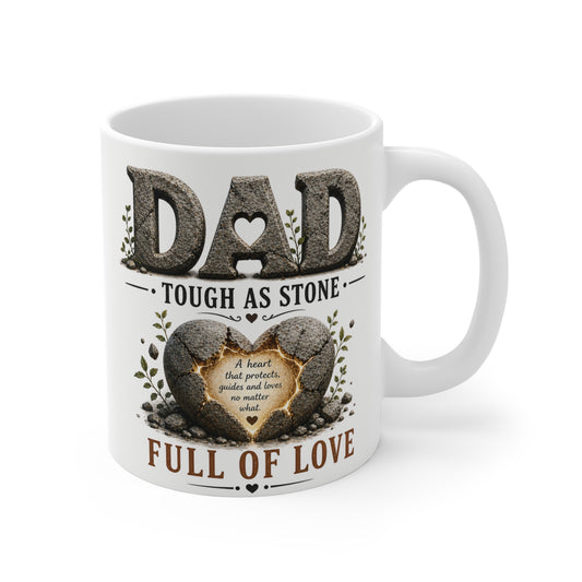 Dad tough as stone full of love mug, 11oz ceramic fathers day gift, rustic heart design coffee cup