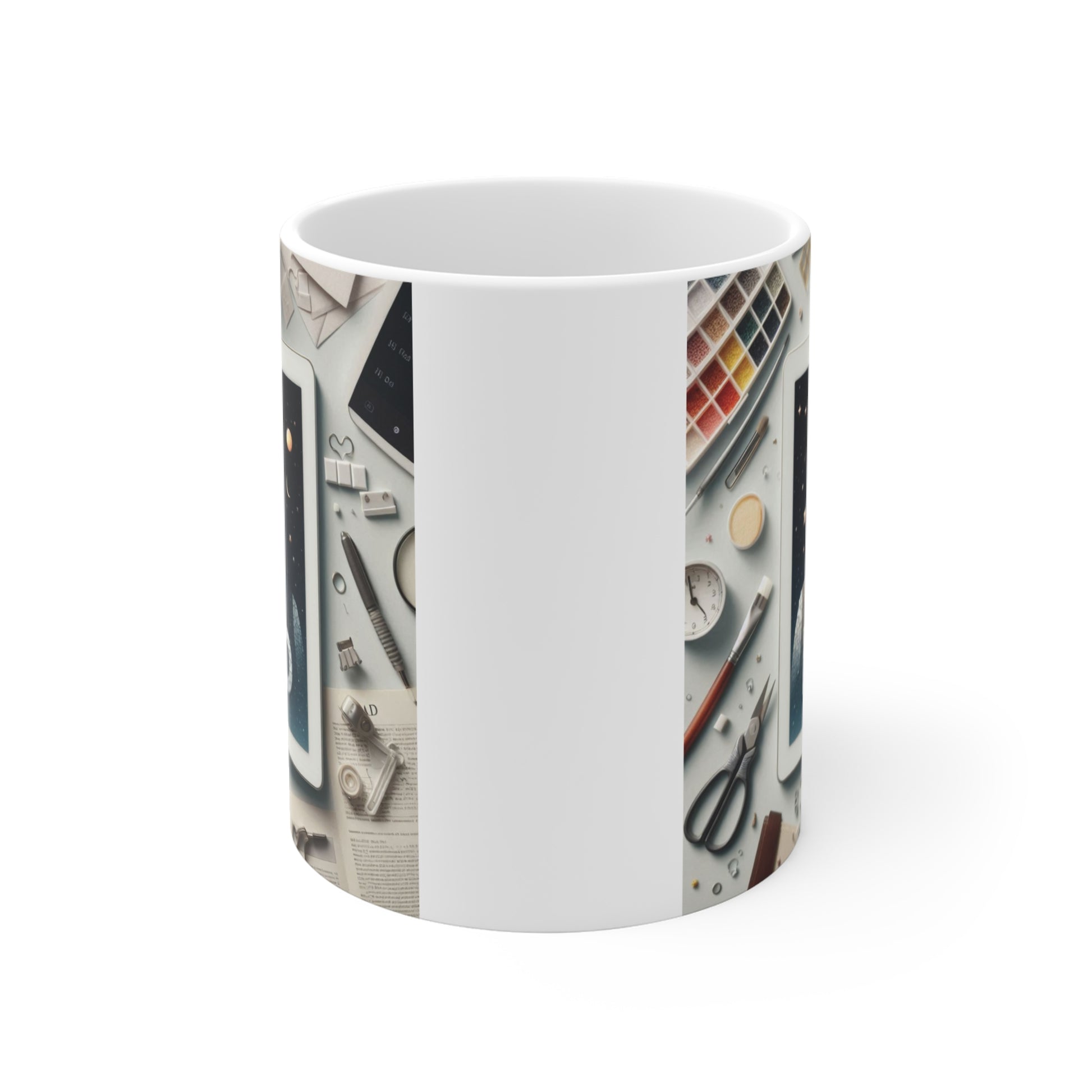 Artistic dad gift mug with celestial design and creative desk elements