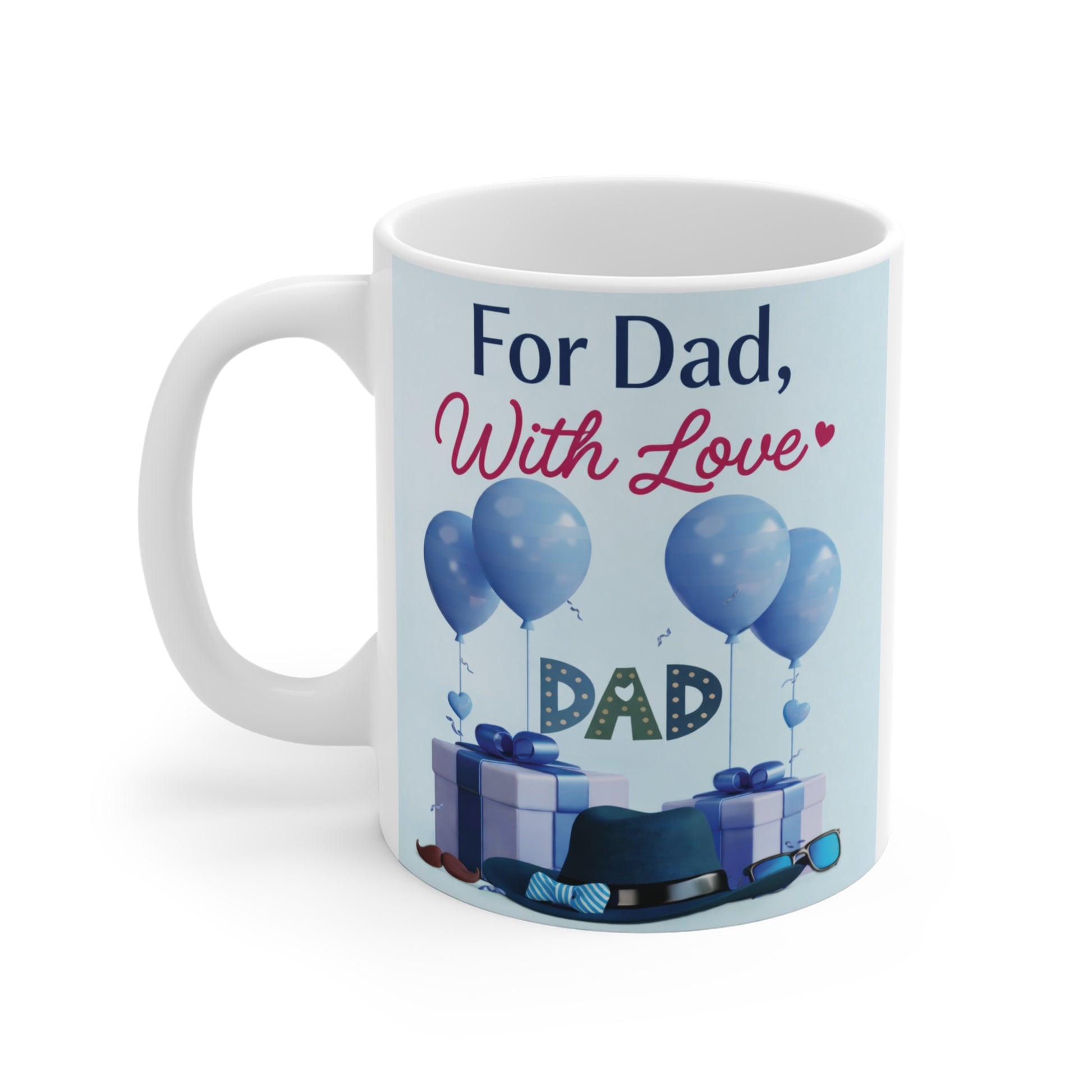 Cute dad coffee mug 11oz featuring “For Dad With Love” message with balloons and present illustration