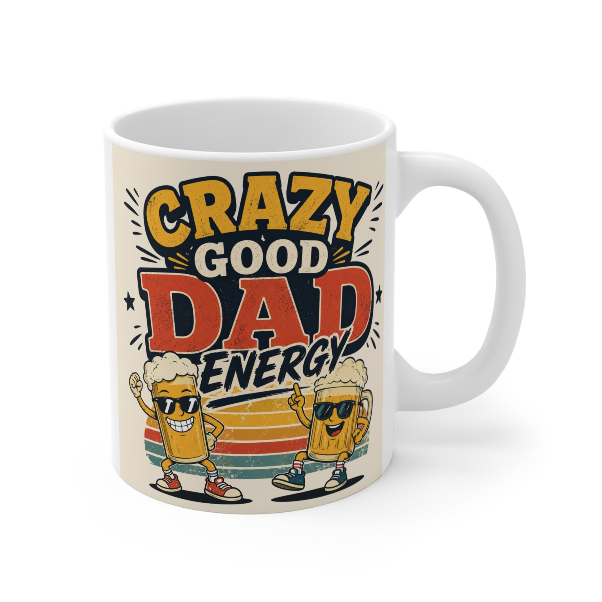 Crazy Good Dad Energy 11oz white ceramic coffee mug featuring retro vintage sunset and cartoon beer characters with sunglasses.