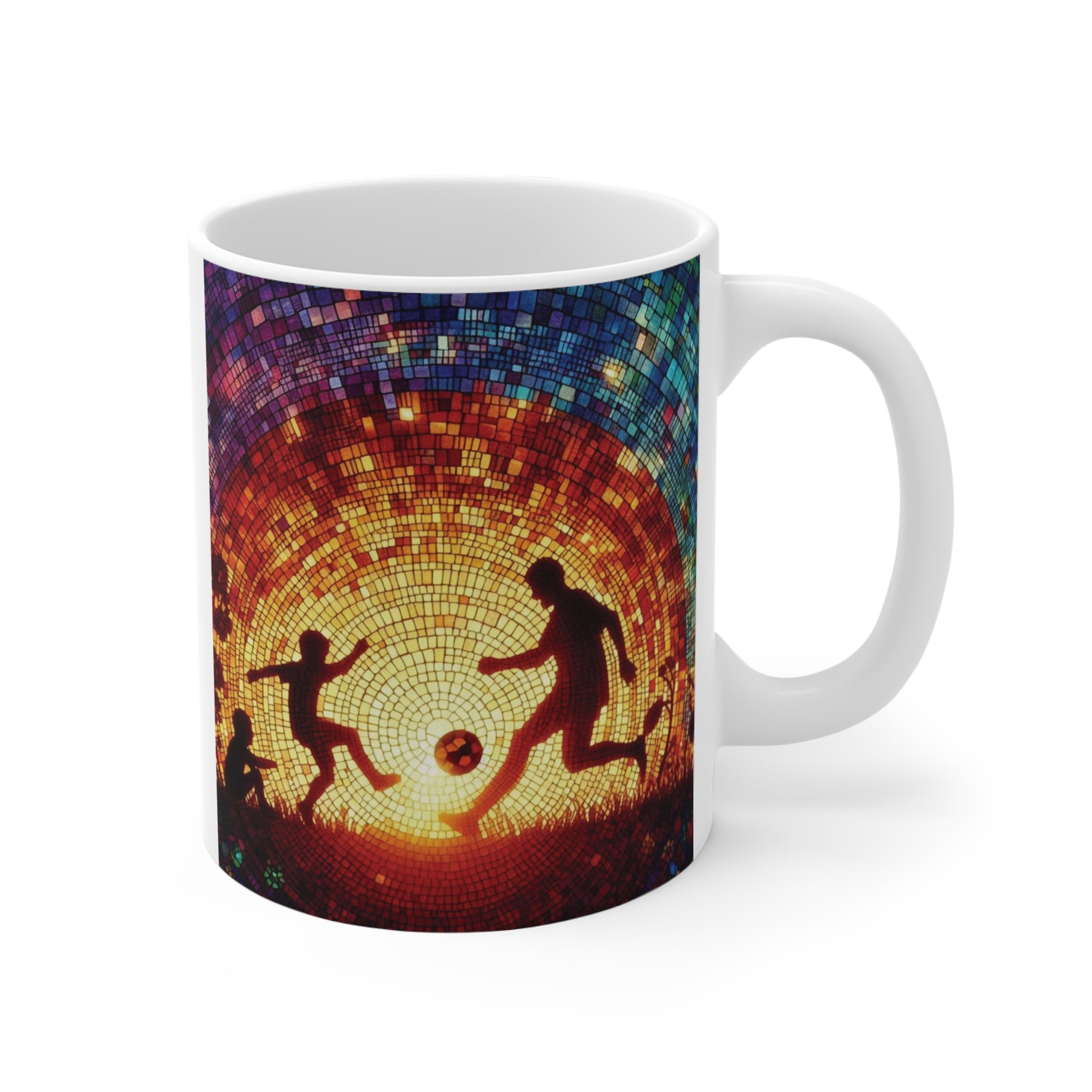 Vibrant stained glass style soccer scene with father and kids playing football, artistic mug design
