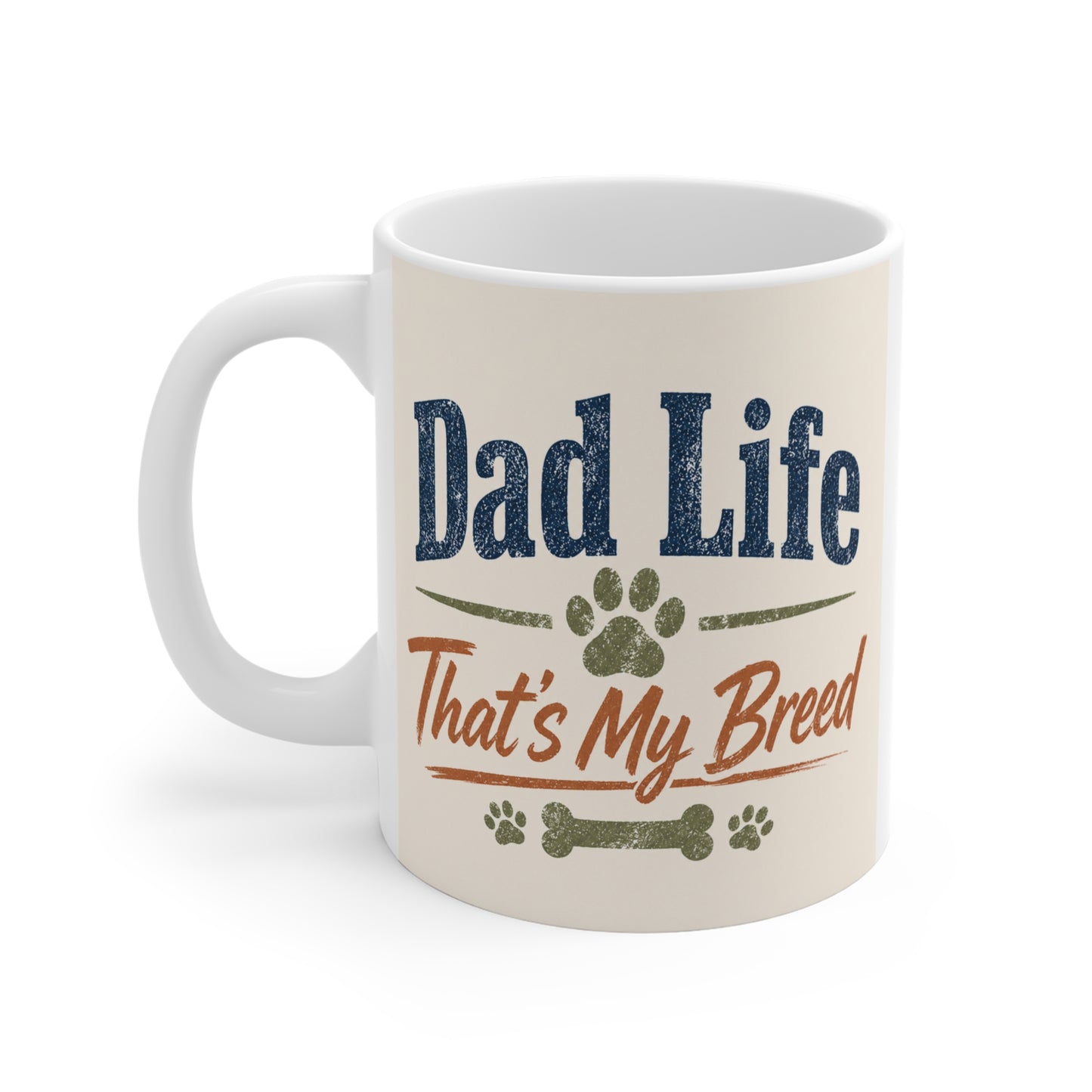 White ceramic 11oz mug featuring Dad Life dog dad quote with paw prints, perfect gift for pet owners and Father’s Day