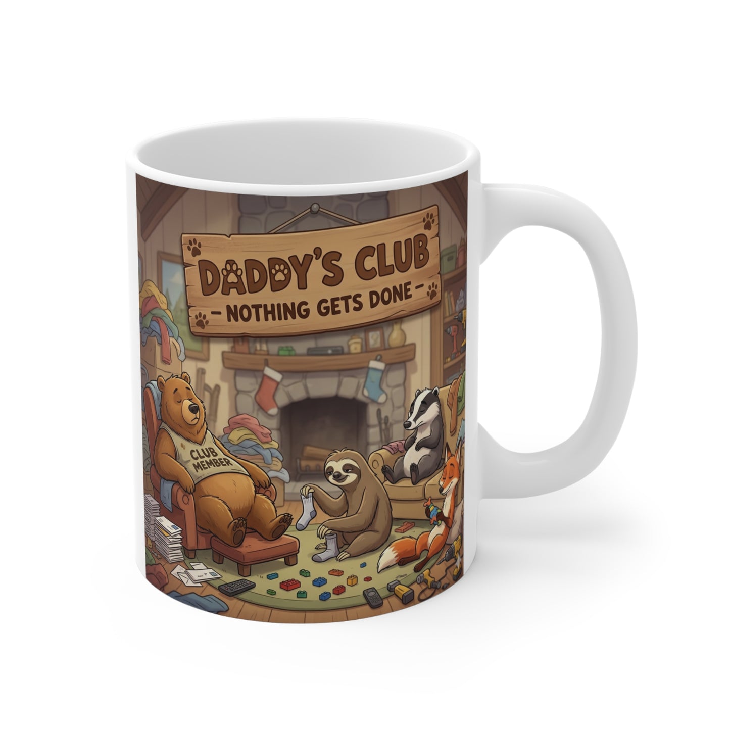 Funny dad mug with “Daddy’s Club Nothing Gets Done” text and cute animal dads relaxing in a cozy living room illustration