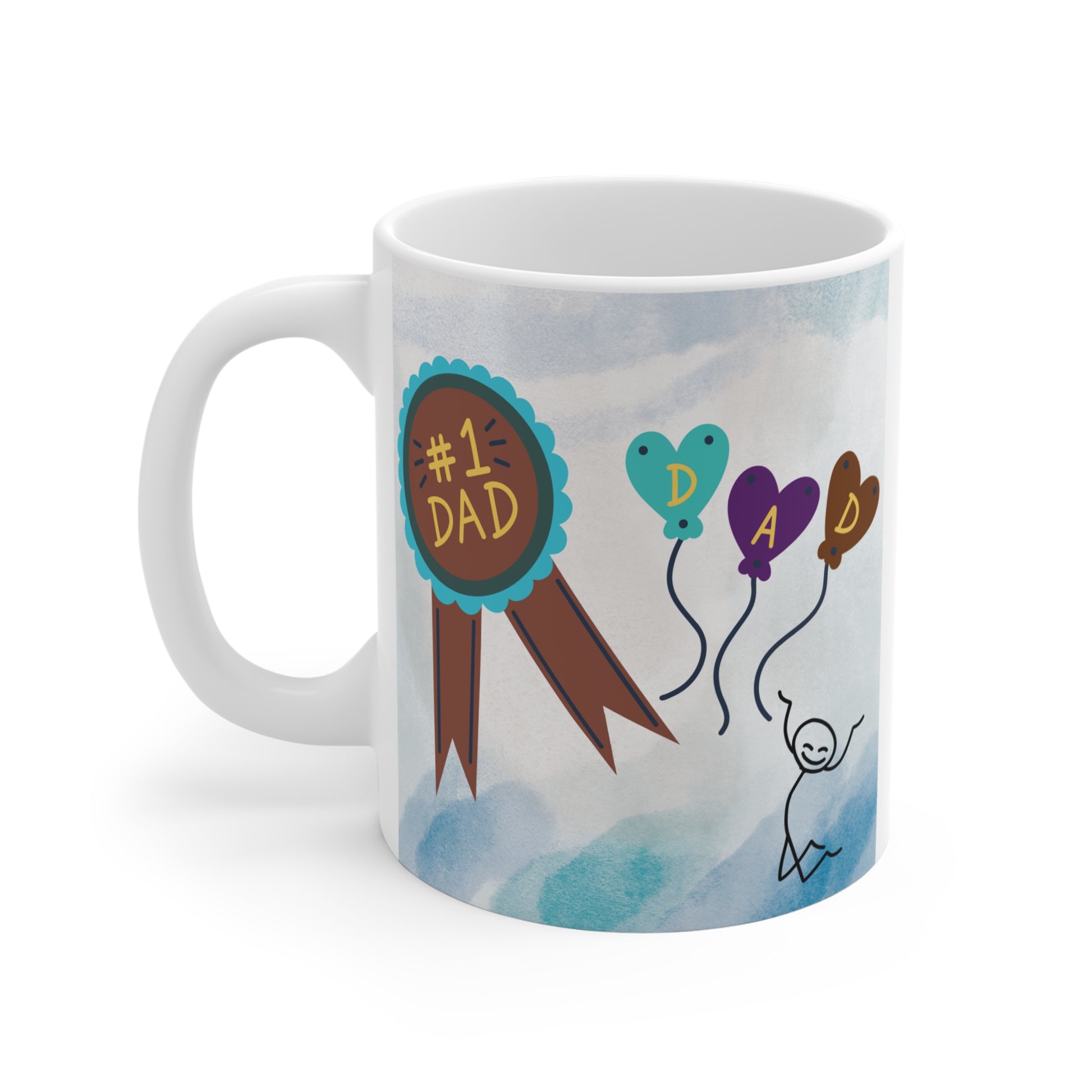 #1 Dad mug with ribbon badge and heart balloons spelling DAD, cute Father’s Day gift design
