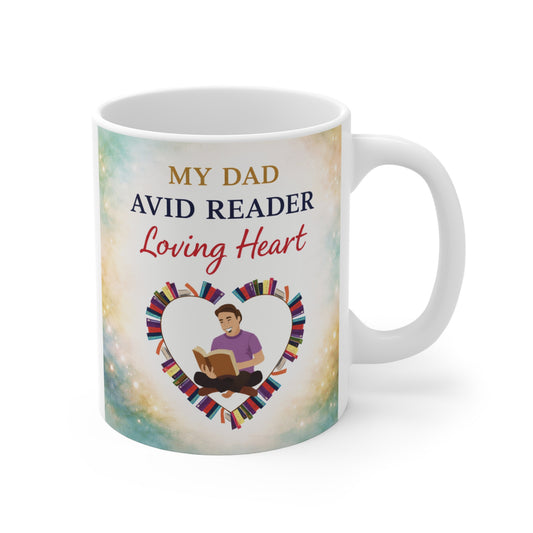 Avid reader dad mug with loving heart quote and heart-shaped bookshelf design, perfect gift for dad who loves reading