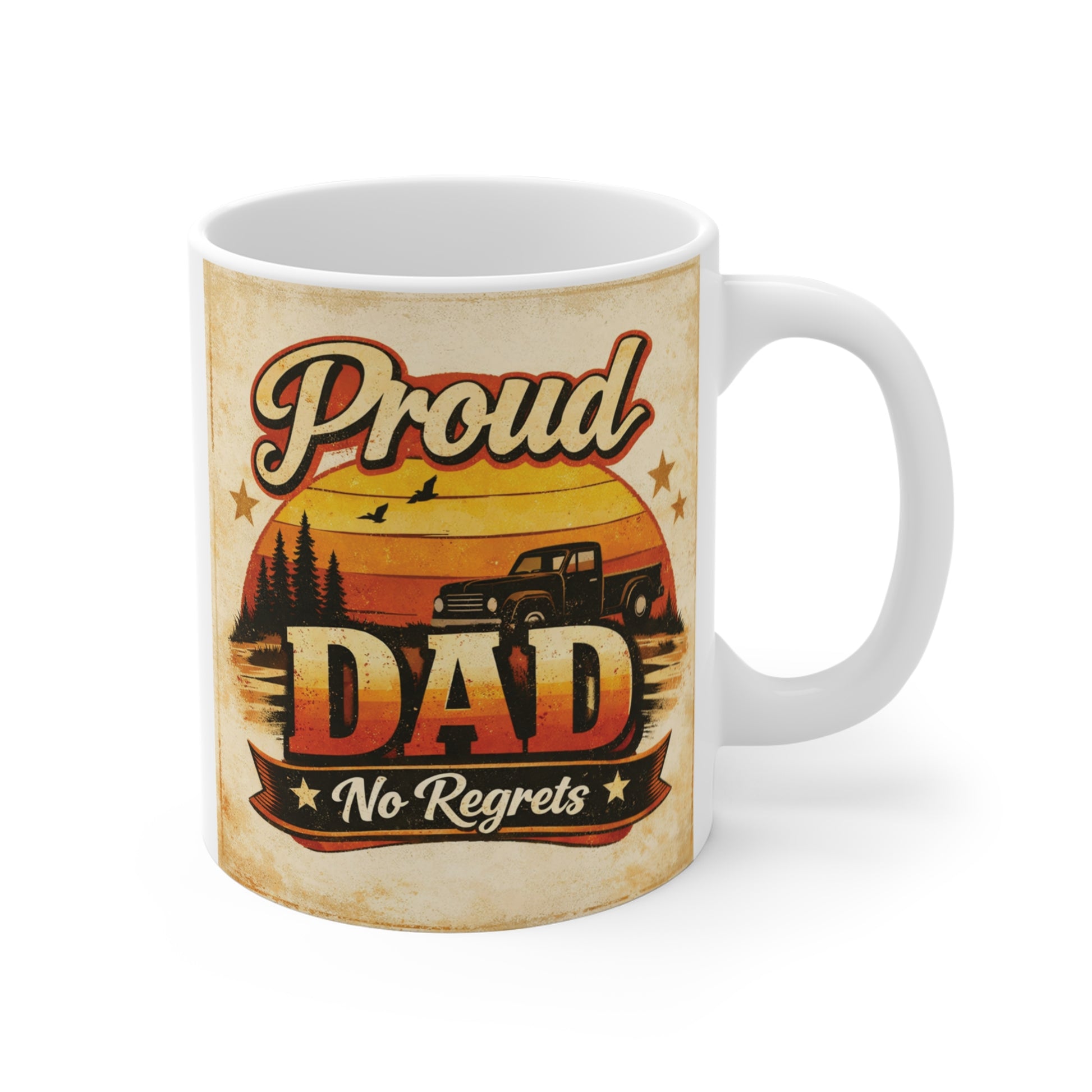Proud Dad 11oz coffee mug with vintage sunset and truck design featuring No Regrets slogan, perfect gift for Father’s Day