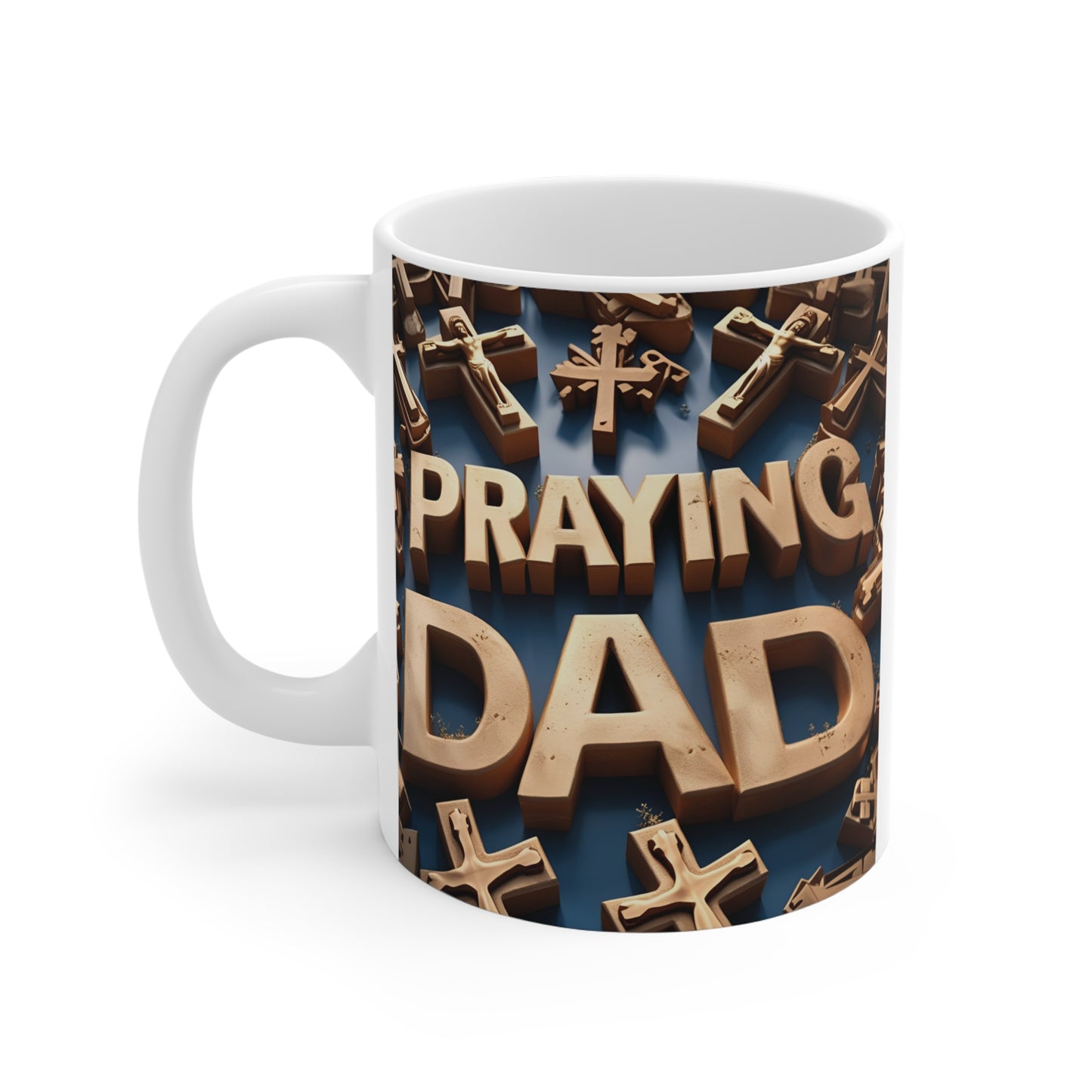 Faith-based ceramic coffee cup gift for dad with bold praying design
