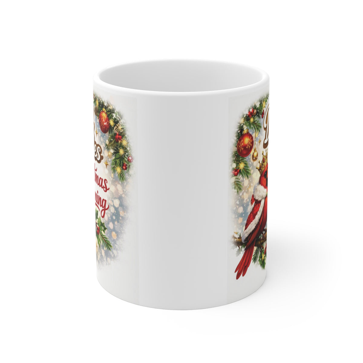 Dad Rules Christmas Morning 11oz coffee mug with festive king cardinal holiday design, perfect Christmas gift for dad.