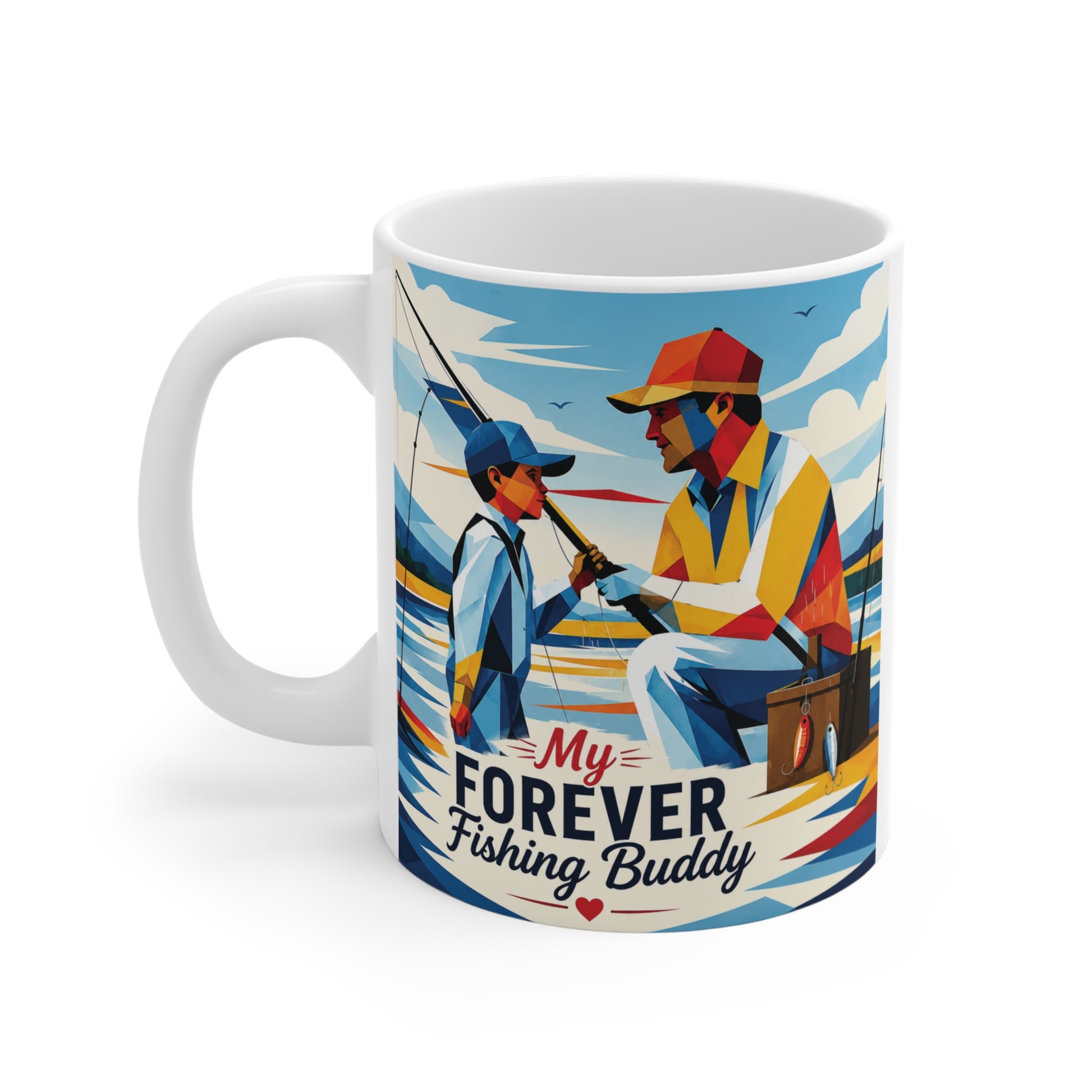 Colorful fisherman gift mug for dad, grandpa, or son featuring modern fishing artwork and inspirational text