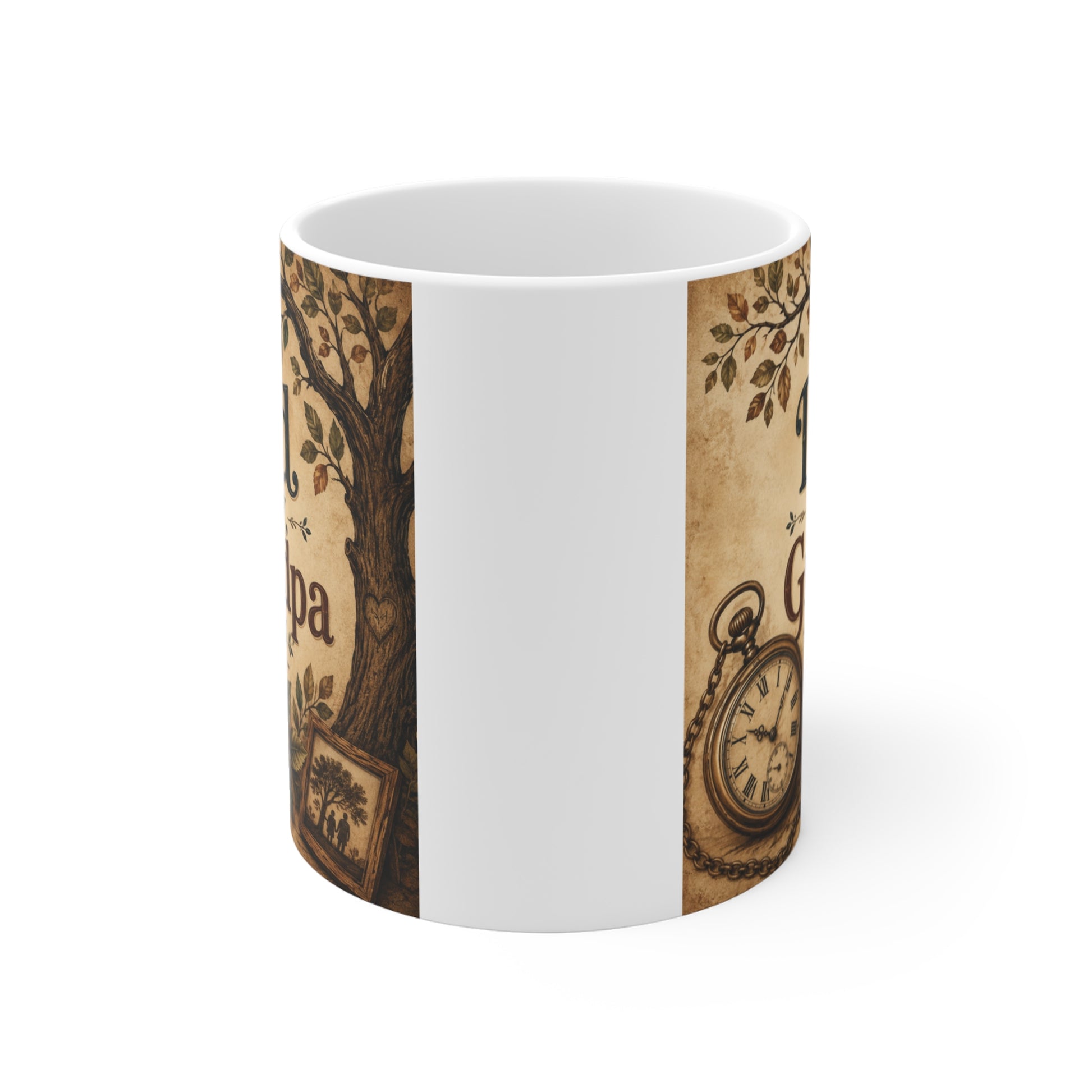 Rustic grandpa announcement mug with Dad Today Grandpa Soon text, antique pocket watch illustration, and family tree design for pregnancy reveals.