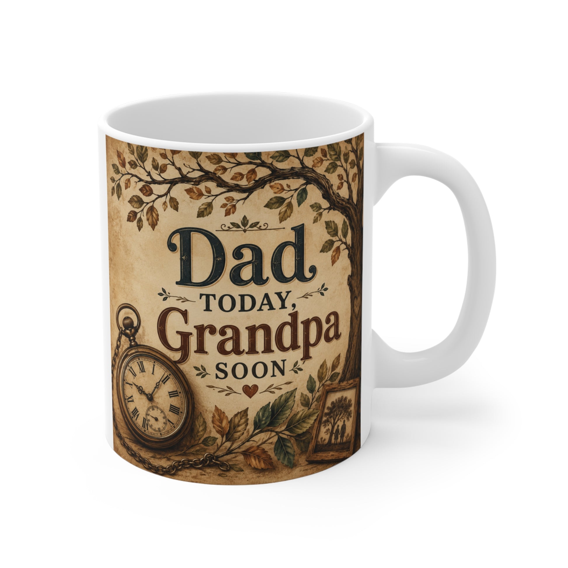 Vintage Dad Today Grandpa Soon 11oz ceramic coffee mug featuring pocket watch and family tree artwork, perfect gift for a future grandpa.