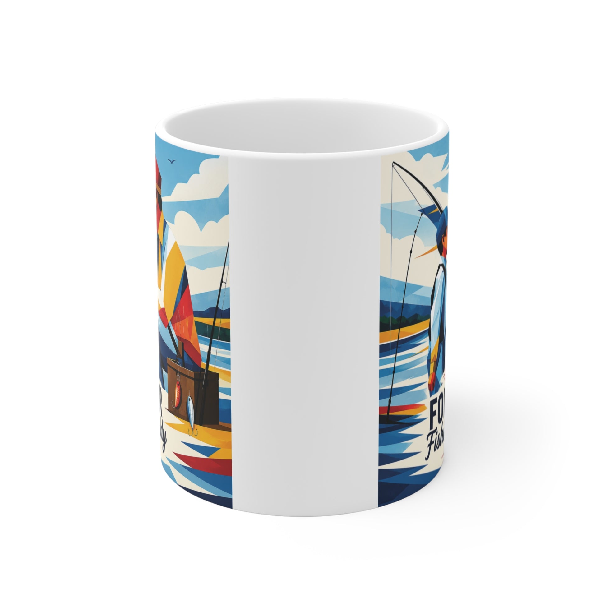 Fishing dad coffee mug with geometric fishing scene design and heartfelt Forever Fishing Buddy quote