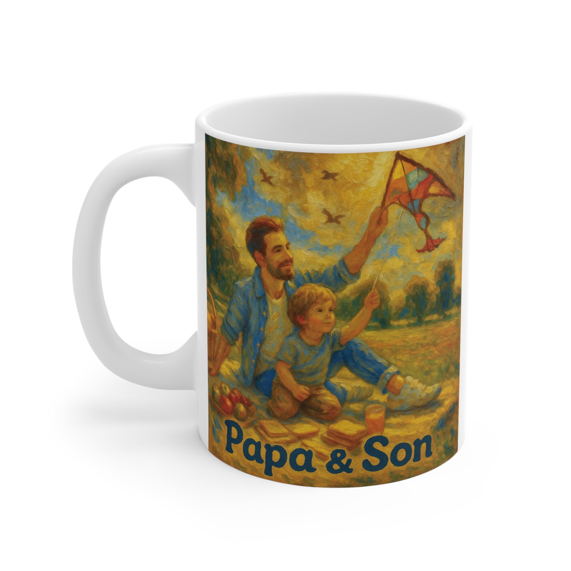 Father and son flying kite painting style mug, Papa & Son coffee cup gift for dad, heartwarming family bonding design
