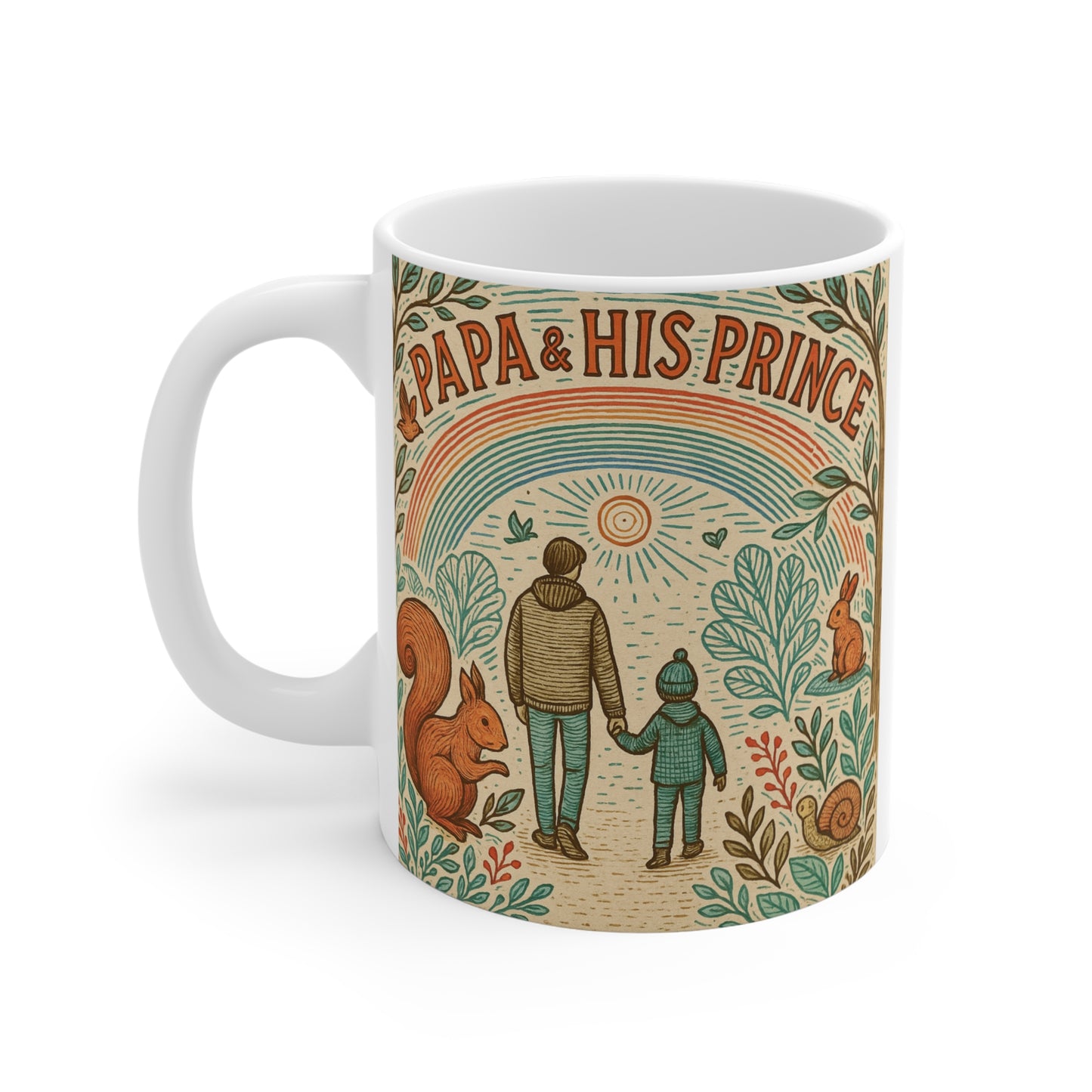 Papa and his prince mug with vintage illustration of father and son walking under rainbow, sentimental Father’s Day gift for dad