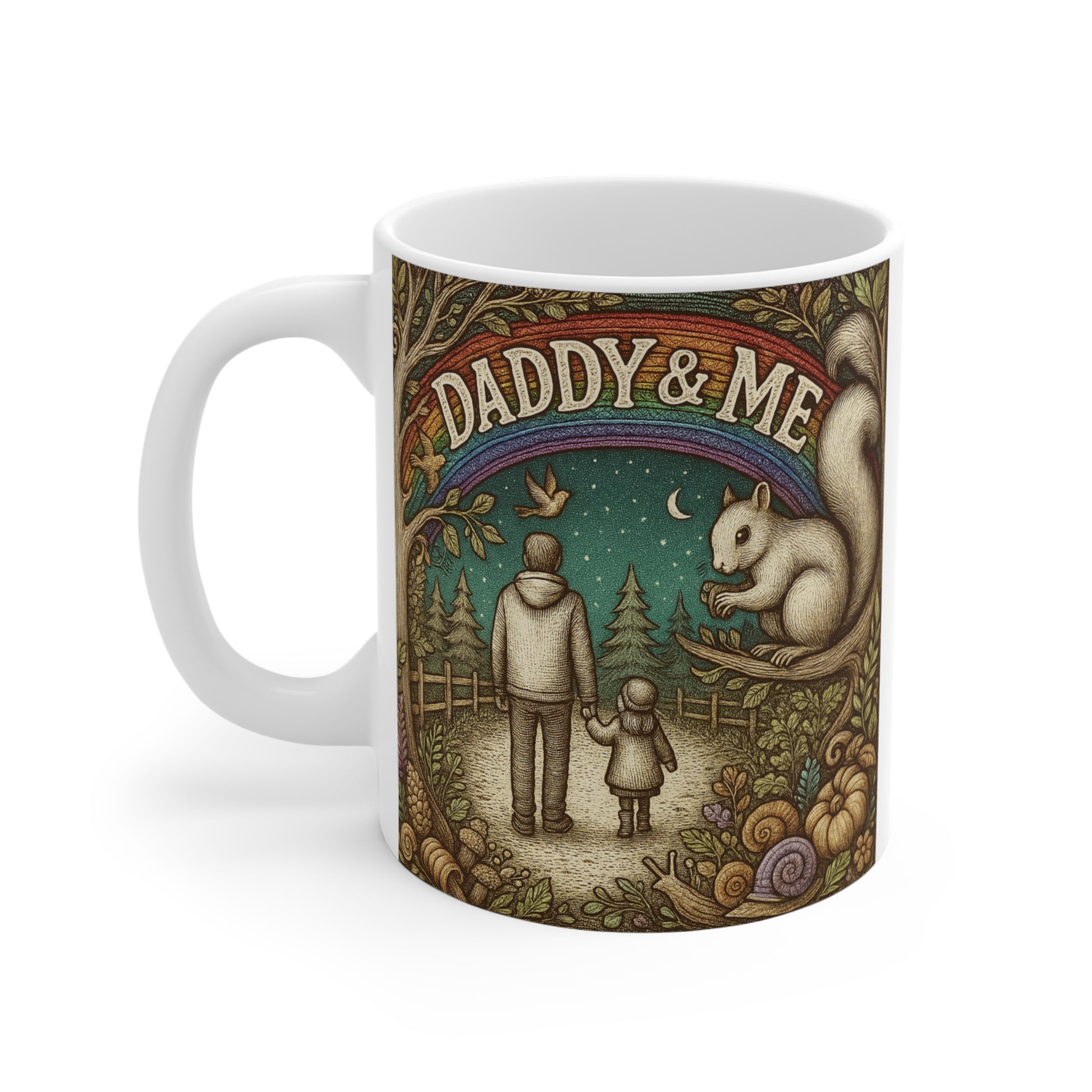 Dad & Daughter Coffee Mug - hand in hand under rainbow with forest animals and crescent moon