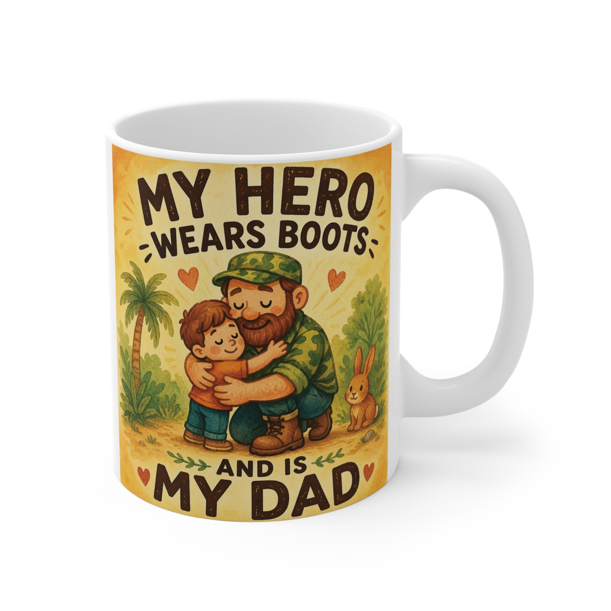 My Hero Wears Boots and Is My Dad 11oz mug with cute father and child illustration, sentimental Father’s Day gift for dad