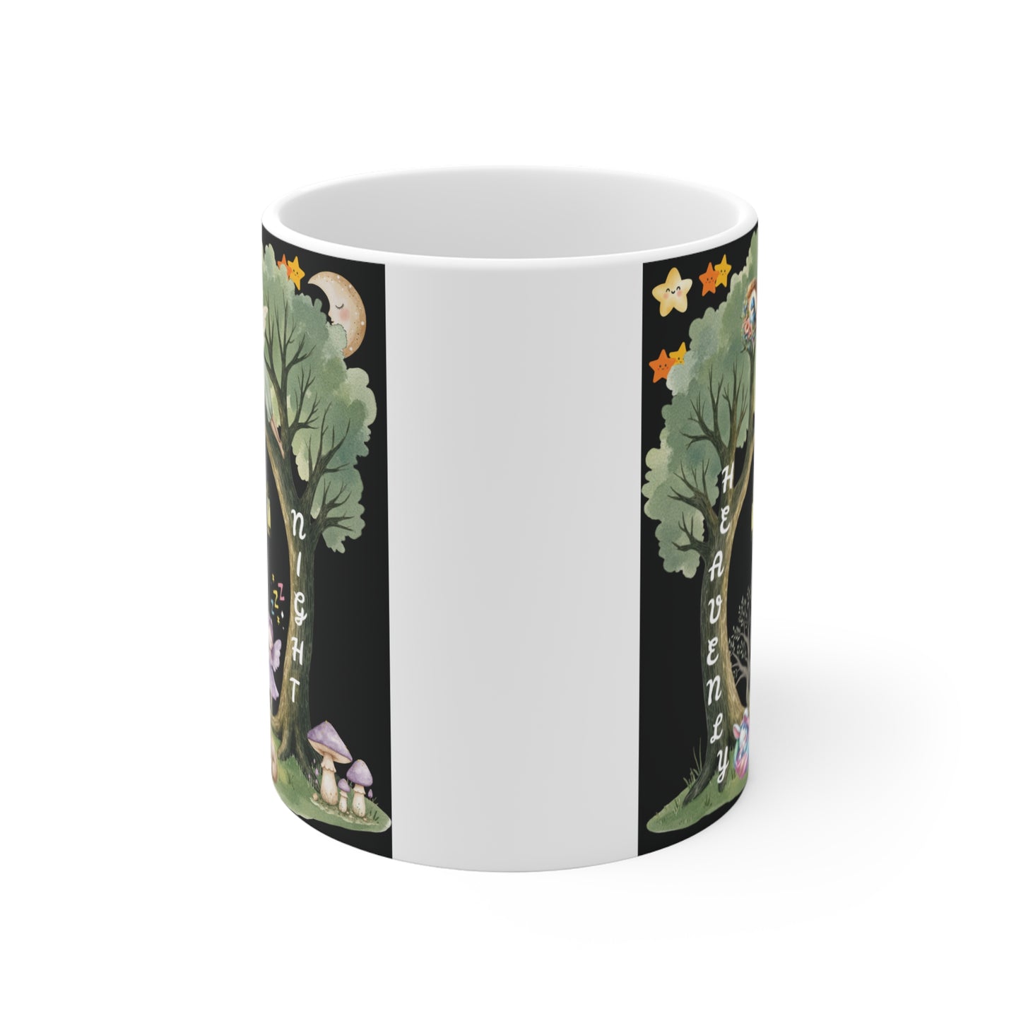 Spiritual bedtime mug featuring Jesus, fairies, sleeping animals and dreamy night forest scene with stars and lanterns