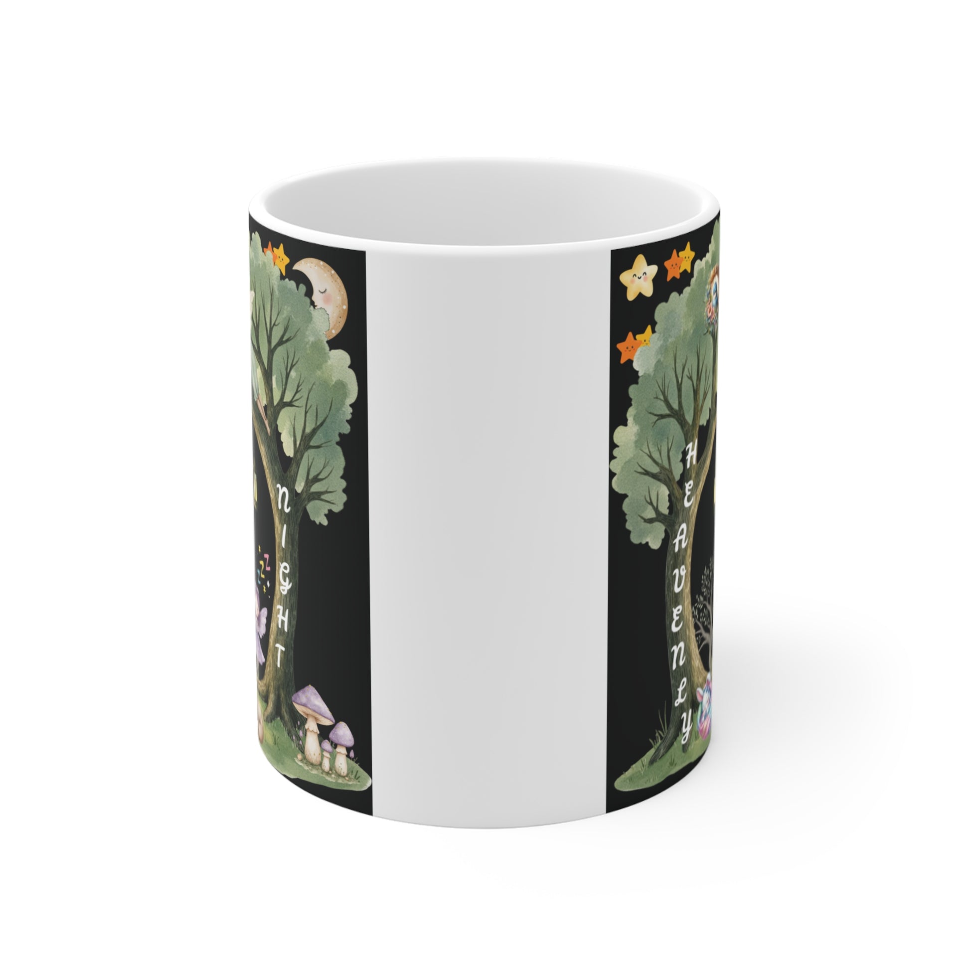Spiritual bedtime mug featuring Jesus, fairies, sleeping animals and dreamy night forest scene with stars and lanterns