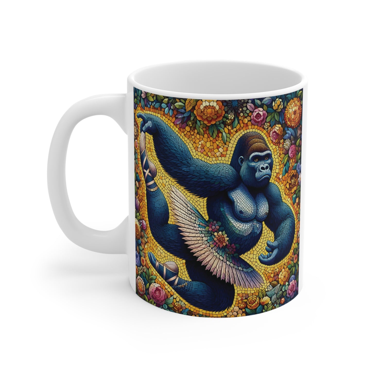 Dancing gorilla stained glass style mug with floral background, whimsical ballerina animal coffee cup for unique gift ideas