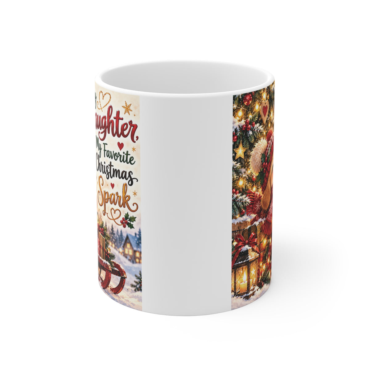 Daughter Christmas mug 11oz with My Favorite Christmas Spark message, cute smiling puppy wearing a festive scarf, glowing holiday lights and Christmas decorations.