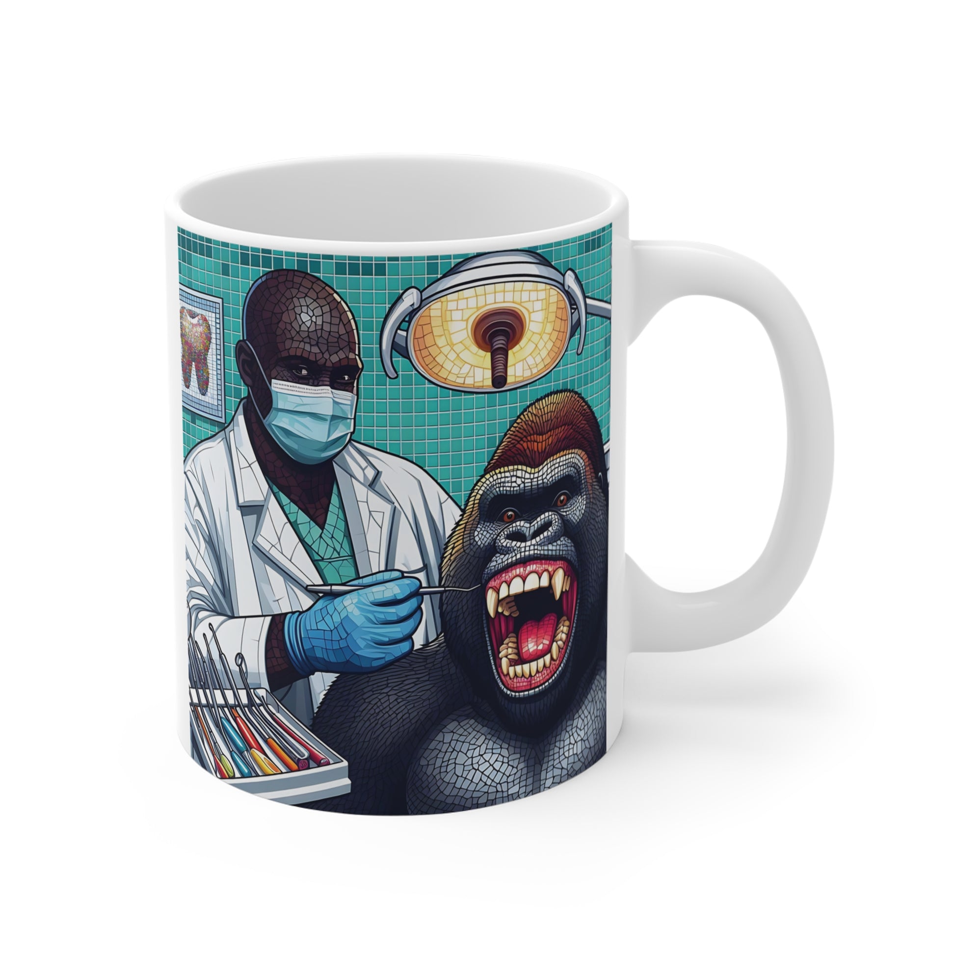 White ceramic mug featuring a dentist wearing a mask and gloves examining a gorilla's teeth in a dental clinic.