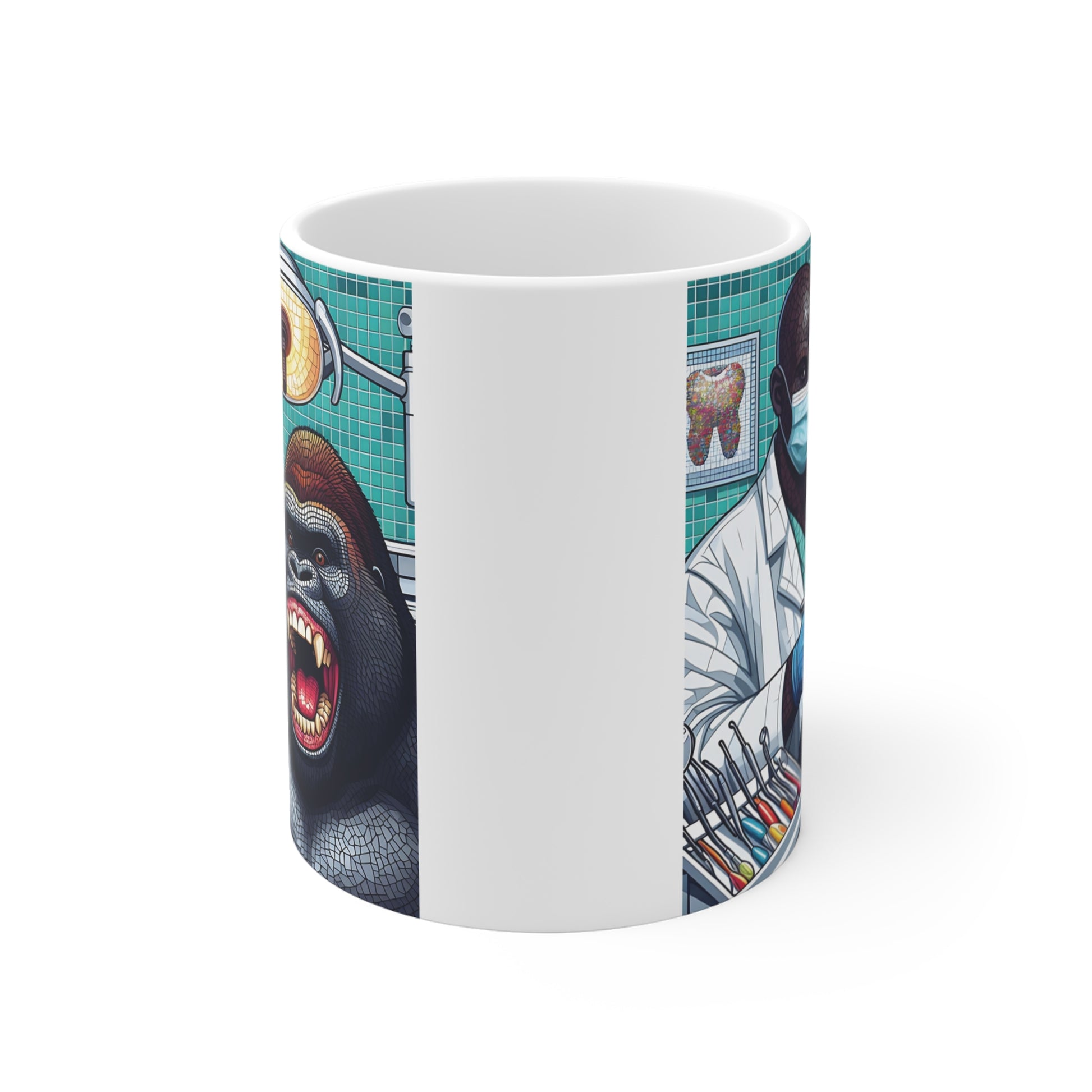 Funny dental-themed mug showing a gorilla patient with mouth open during a dental checkup under an exam light.