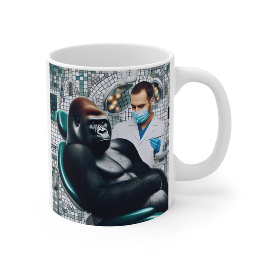 Funny gorilla dentist mug with realistic ape sitting in dental chair beside masked dentist – unique dental office coffee mug gift