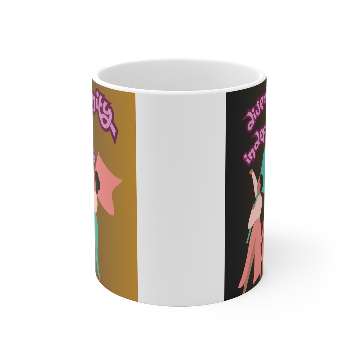 Diversity unity independence mug with illustrated women holding flags, empowerment design on gradient background