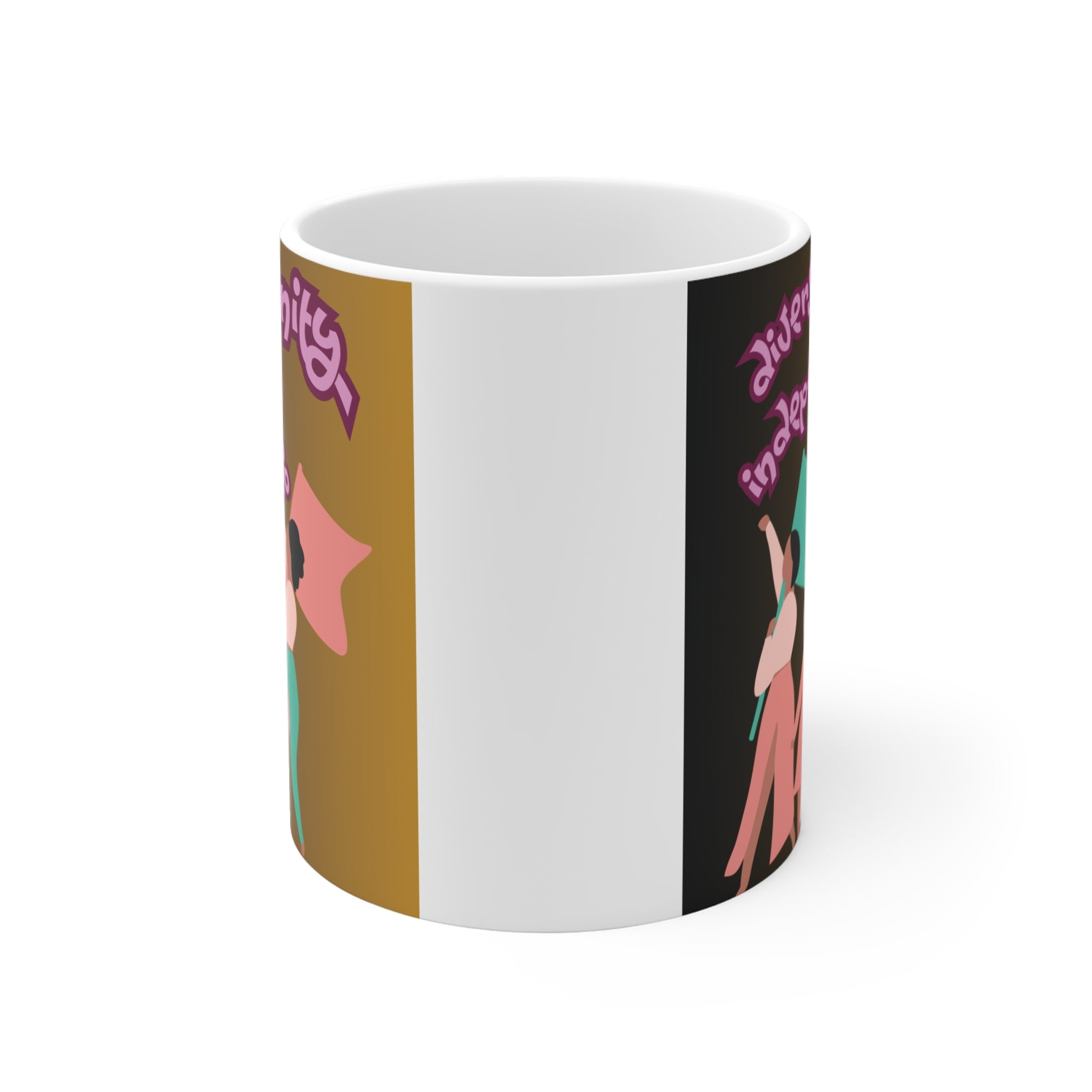 Diversity unity independence mug with illustrated women holding flags, empowerment design on gradient background