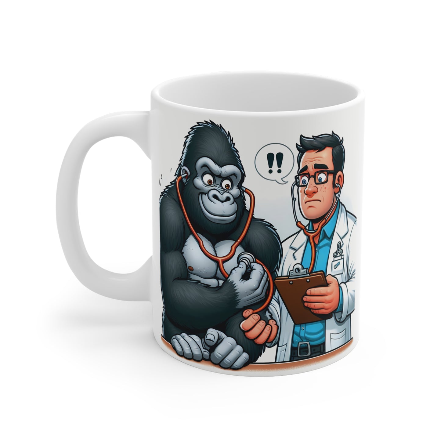 Cartoon gorilla medical exam mug showing a confused doctor listening to a strong ape’s heartbeat, creative 11oz ceramic mug for funny gift ideas.