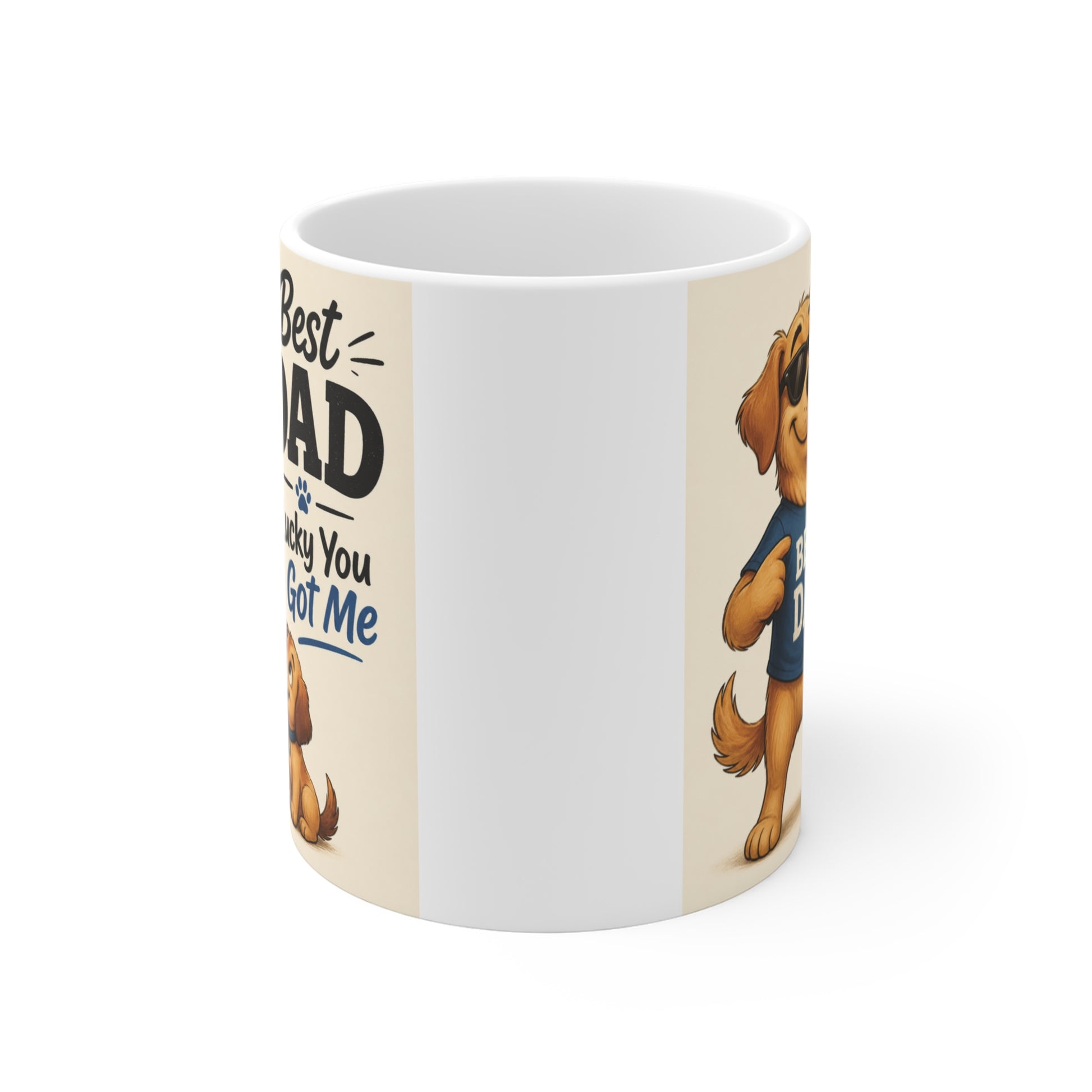 Cute father’s day mug featuring cartoon dog dad and baby puppy with “Best Dad Lucky You Got Me” text, ideal gift for dog lover dads