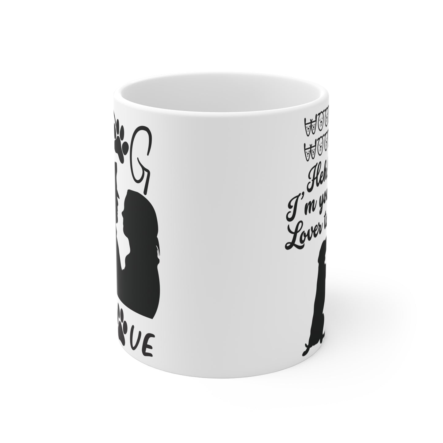 Funny dog mom and dog dad mug featuring paw print love design, romantic couple silhouette, and playful dog lover quote