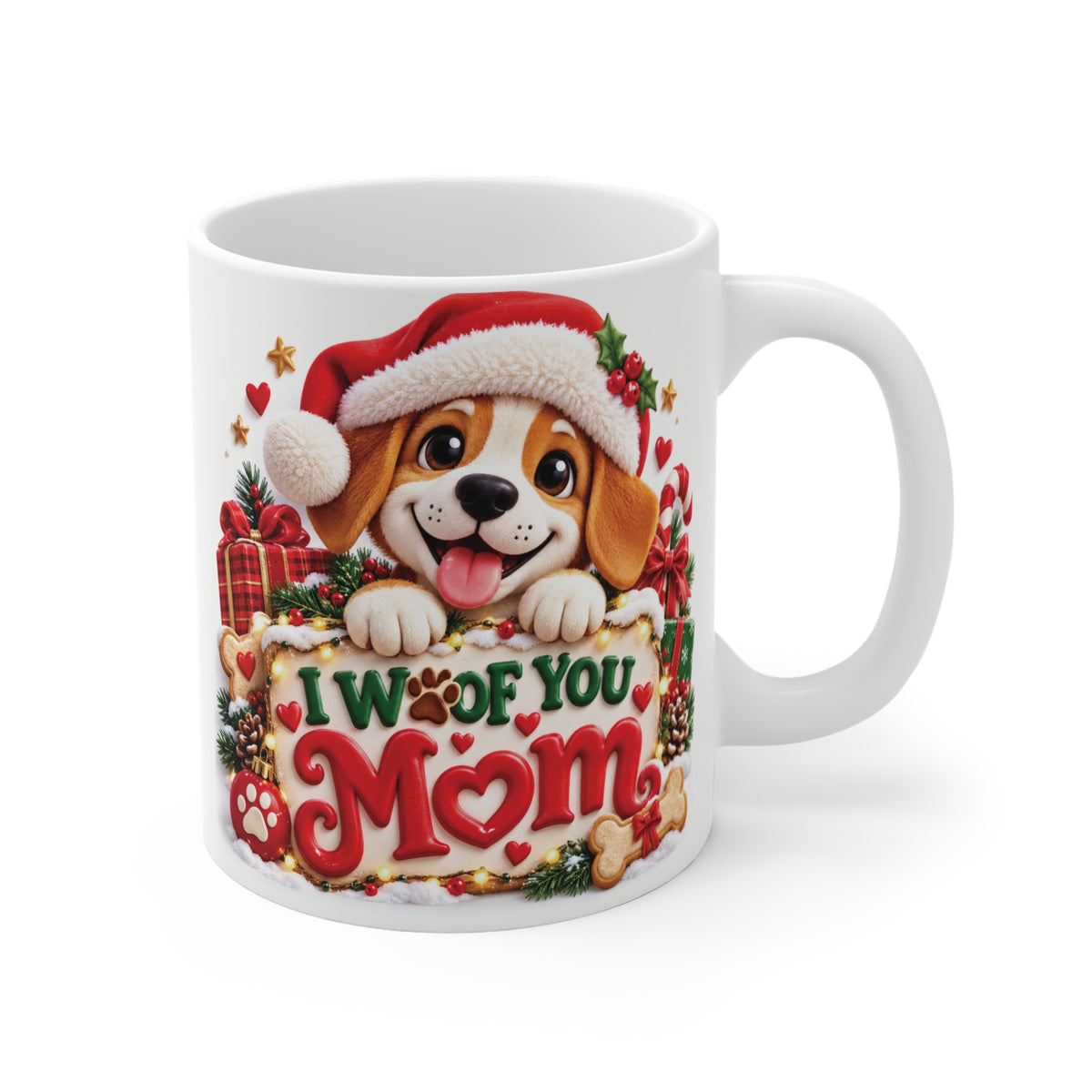Cute 11oz Christmas coffee mug featuring an adorable puppy wearing a Santa hat with I Woof You Mom lettering, a sweet holiday gift for dog moms.
