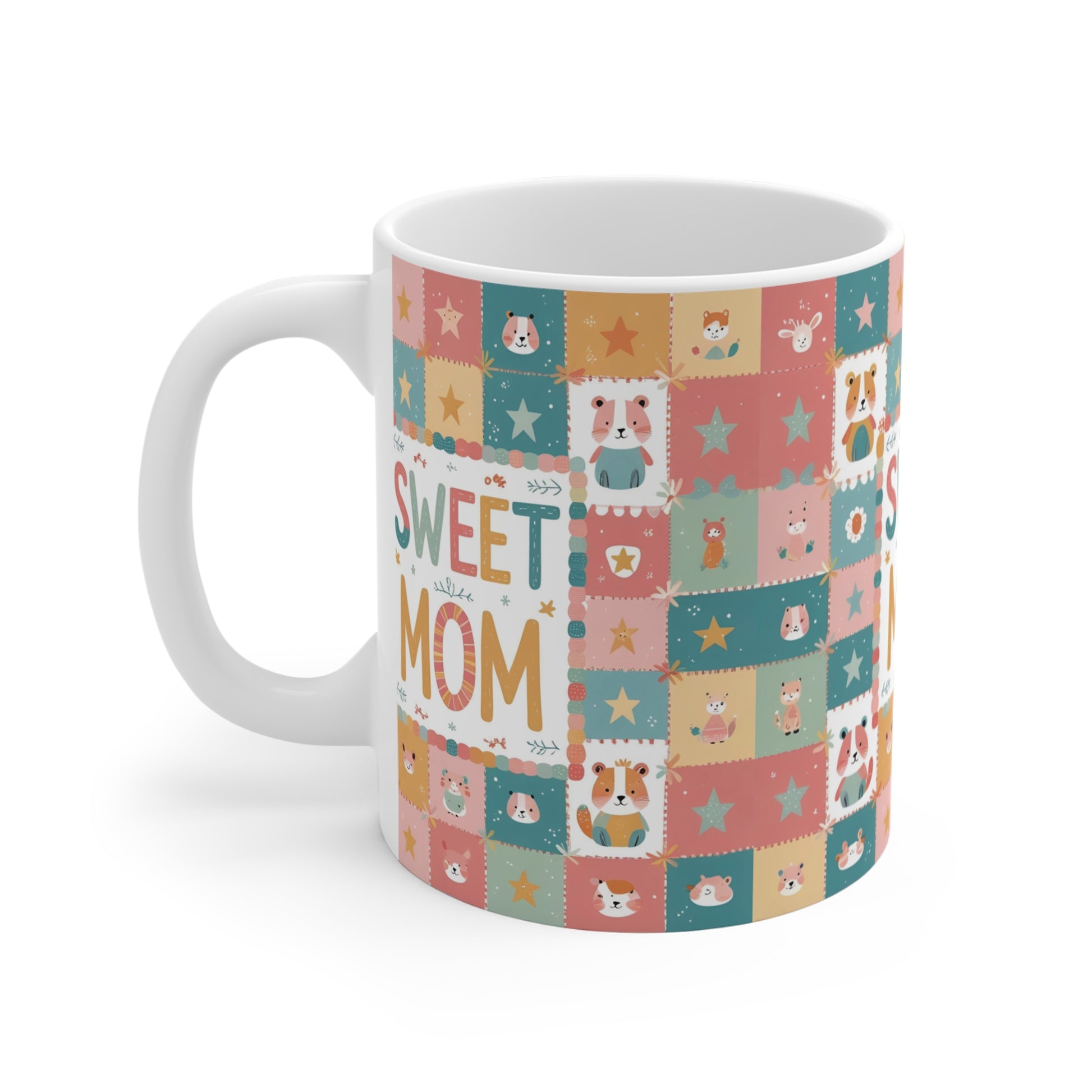 Adorable mom coffee mug featuring colorful dog illustrations and stars full wrap design ceramic cup