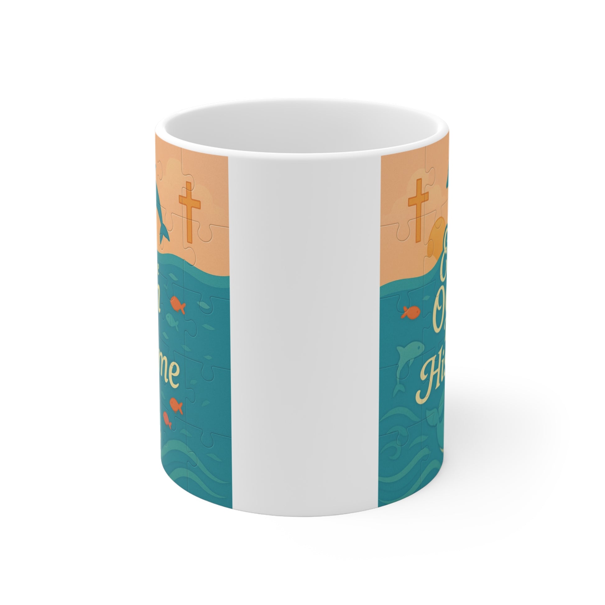 Inspirational ocean-themed Christian ceramic mug featuring dolphins, waves, and faith-based typography