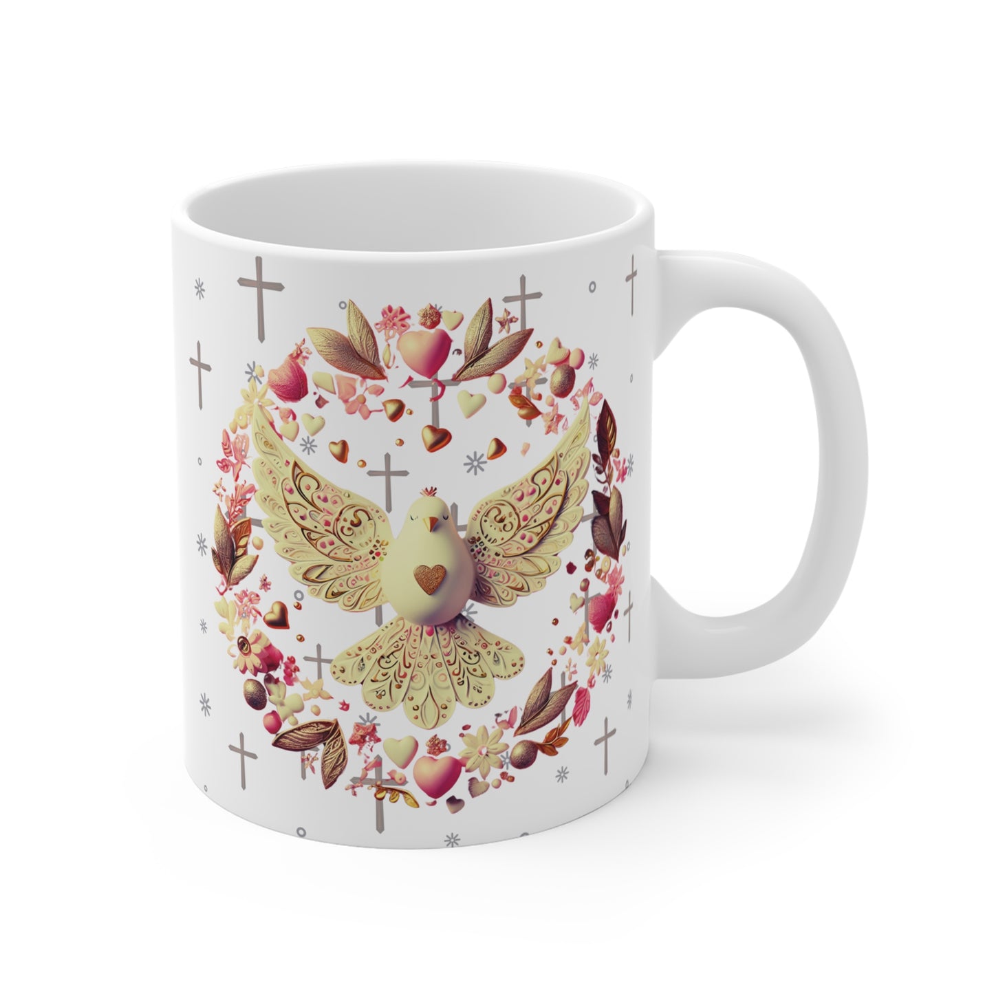 Christian dove mug with heart wreath, crosses, and floral elements symbolizing peace, faith, and Holy Spirit design