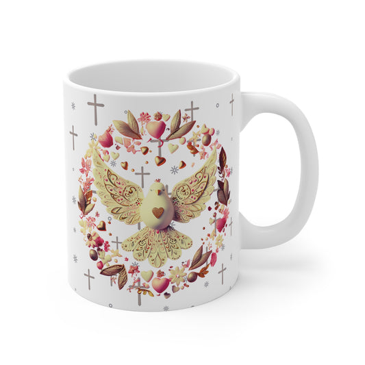 Christian dove mug with heart wreath, crosses, and floral elements symbolizing peace, faith, and Holy Spirit design